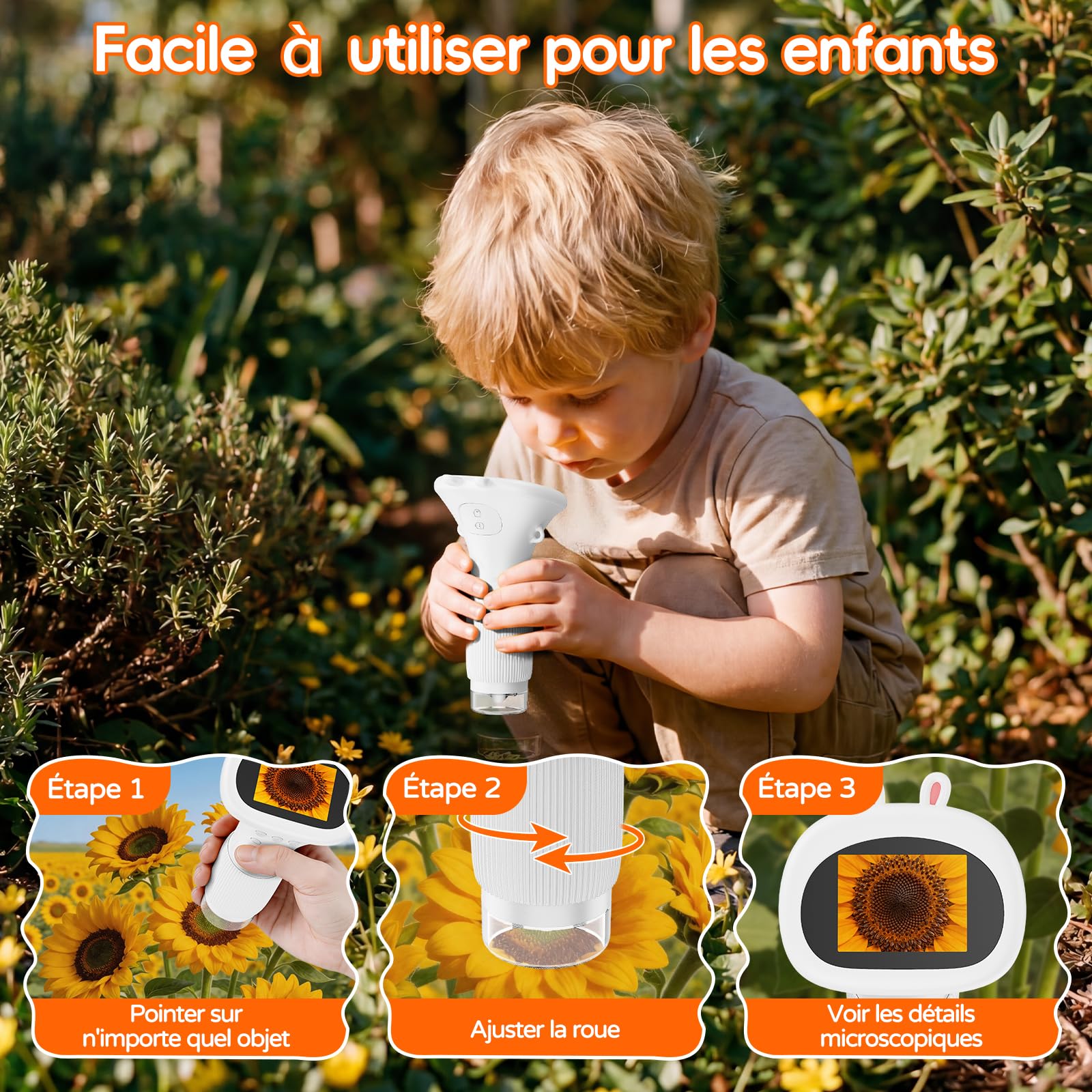 Microscope Enfant Portable Zoom 1000X - Mini Microscope Numérique Rechargeable, Microscop Poche avec Écran, 8 Lumières LED, Jouet Éducatif Scientifique pour Cadeau Noël Filles Garçons (Blanc)