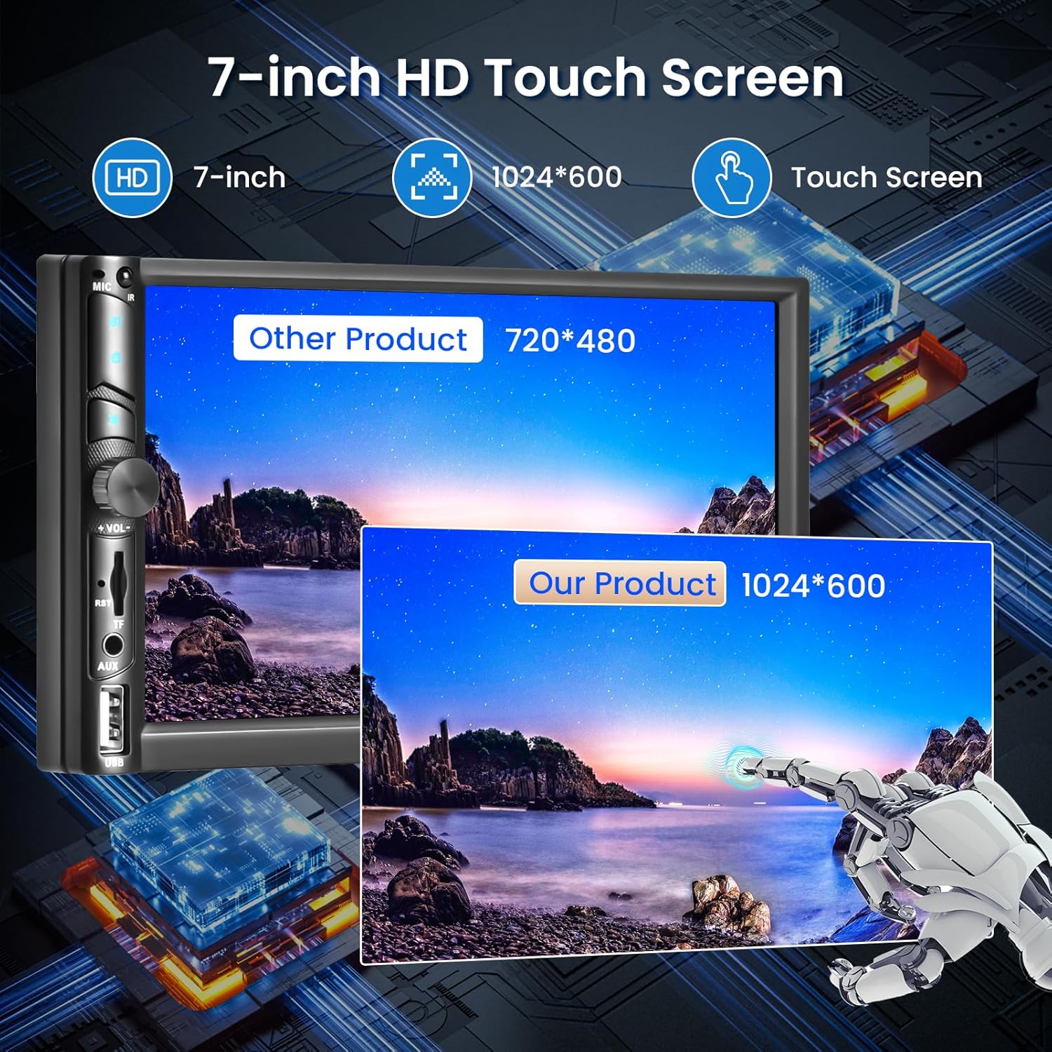 Double Din Car Stereo with Wireless Carplay Android auto, 7 Inch Double Din Car Radio Bluetooth 5.1, Subwoofer, FM, Mirror Link, USB/AUX Port, Backup Camera