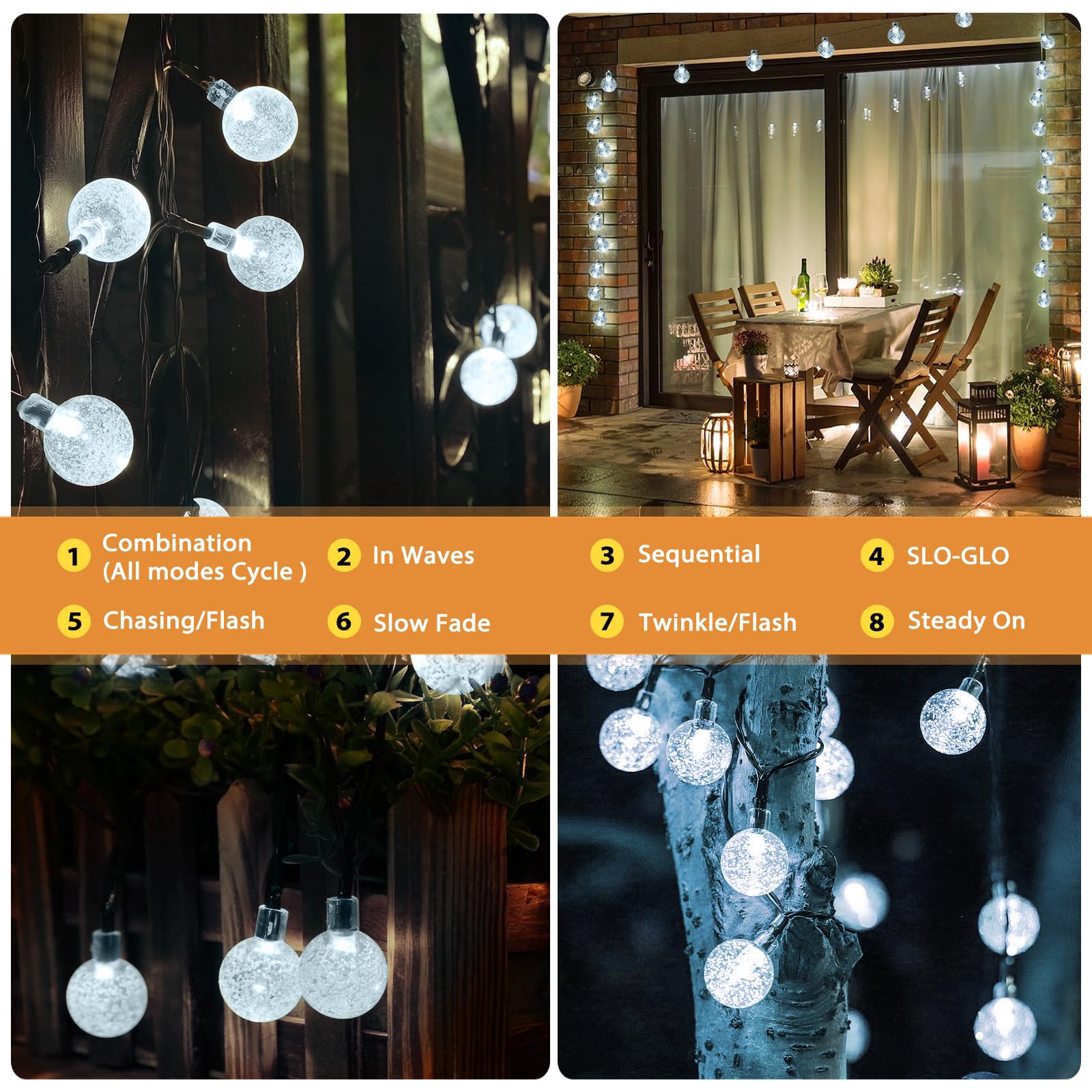 Guirnalda de luces solares para exteriores, 66 luces LED de 46 pies con 8 modos, cadena de luces impermeables para jardín, árbol, valla, patio, porche, fiesta, decoración de Navidad (blanco