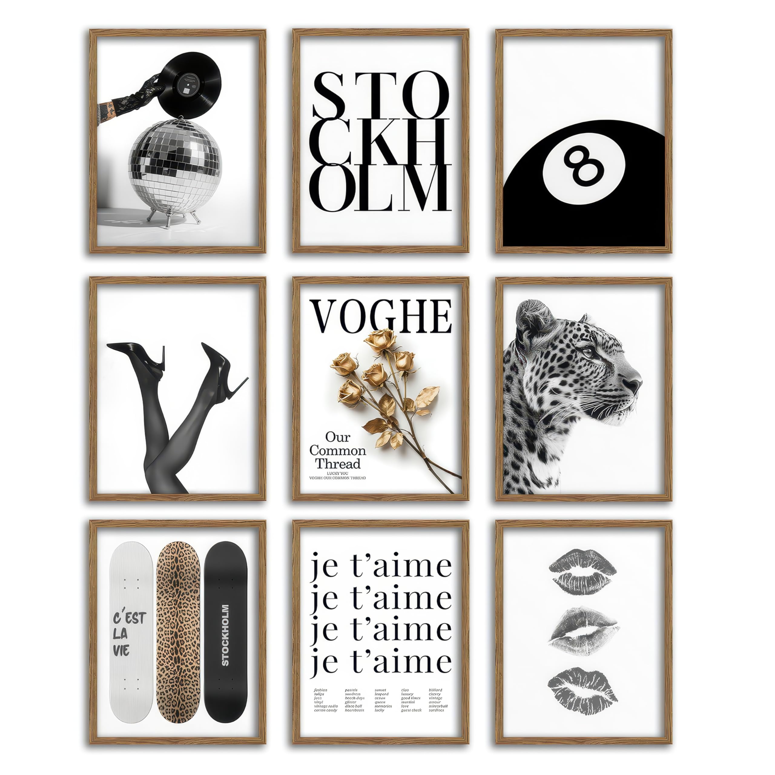 Stockholm Style 9 Pcs Fashion Gallery Wall Art Set, Black and White Luxury Aesthetic Posters for Women, Modern Editorial Leopard Typography Wall Decor for Bedro