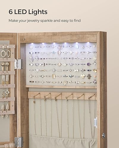 Miniatura 7 de SONGMICS Armario de joyería con espejo de 6 LED, 47.2 pulgadas de alto con cerradura para pared o puerta, organizador de joyas con espejo, 2