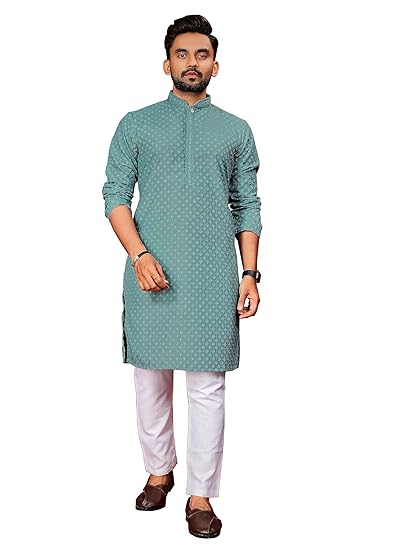 Cotton Straight Men's Kurta with Sequins Embellishments Kurta Luxurious Embroidered Ethnic Wear