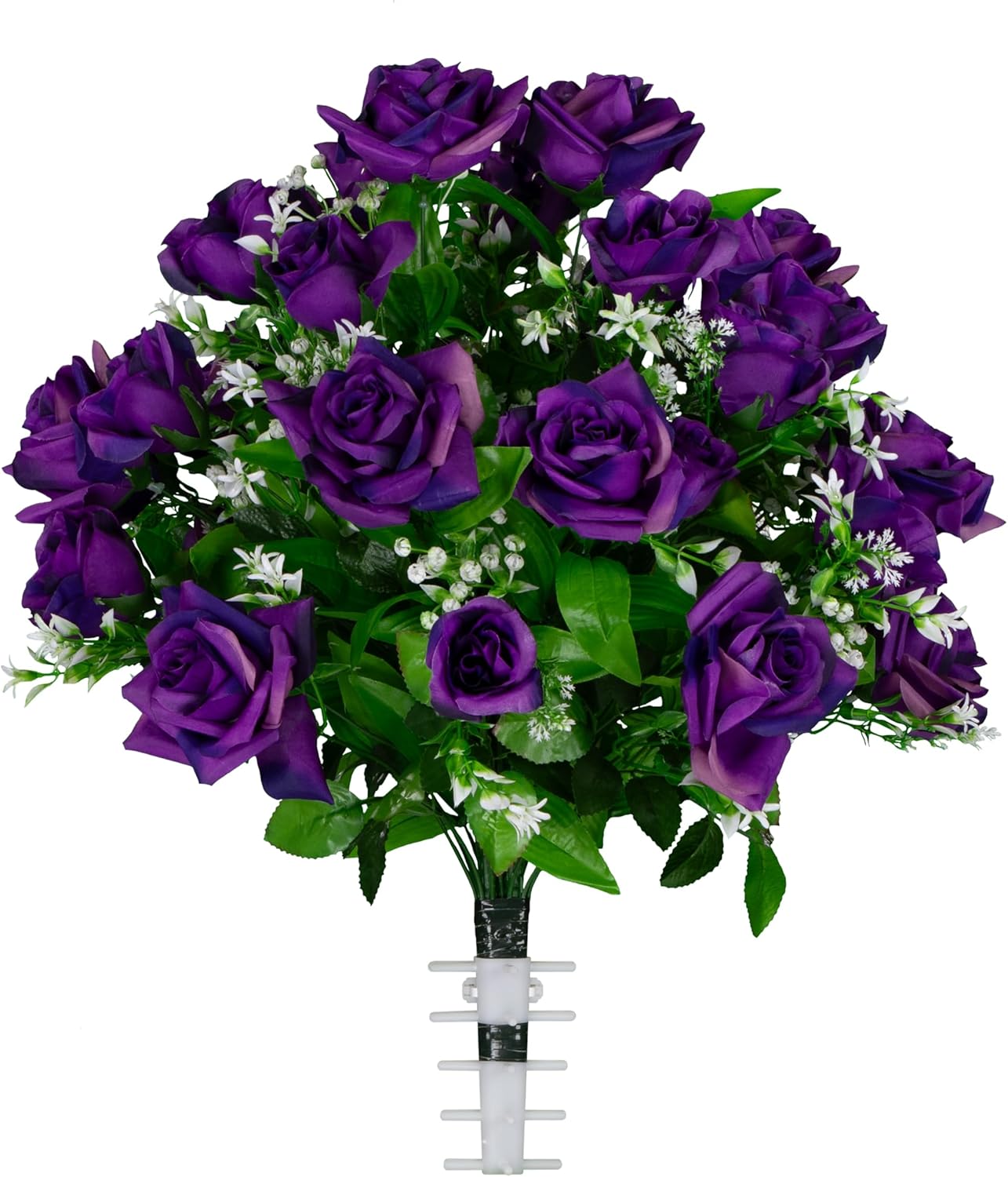Sympathy Silks Artificial Cemetery Flowers - Gravesite Flowers - Purple Diamond Roses with Baby's Breath