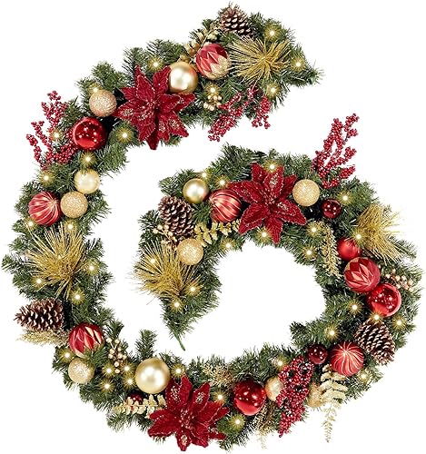 Miniatura 16 de WBHome Guirnalda de Navidad preiluminada de 6 pies/72 pulgadas, guirnalda iluminada roja y dorada con 35 luces LED para decoración de Navidad en