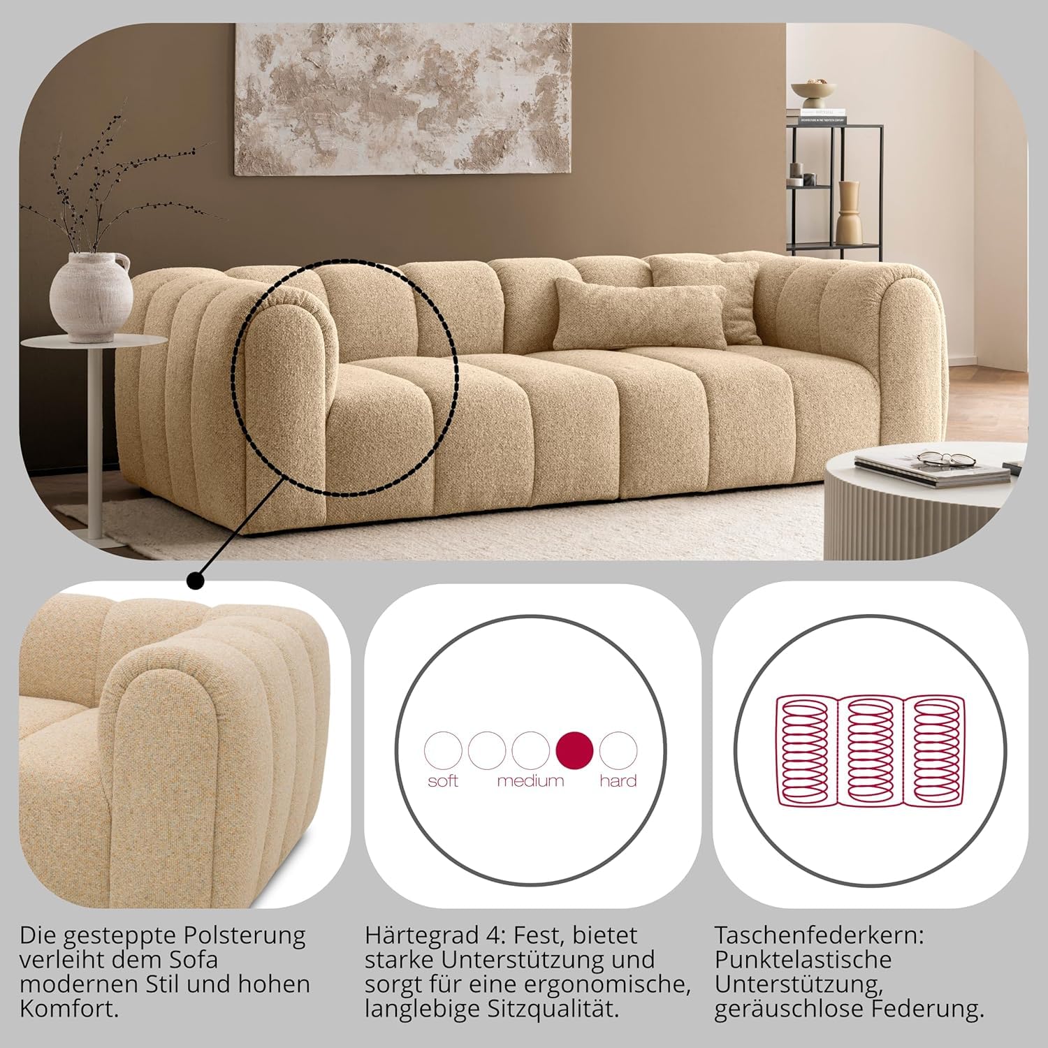 DOMO. collection Sofa Salto, 3-Sitzer Bigsofa mit Taschenfederkern, 3er Couch, Modulsofa, Polstergarnitur, 118 x 254 x 69 cm (BxTxH), beige