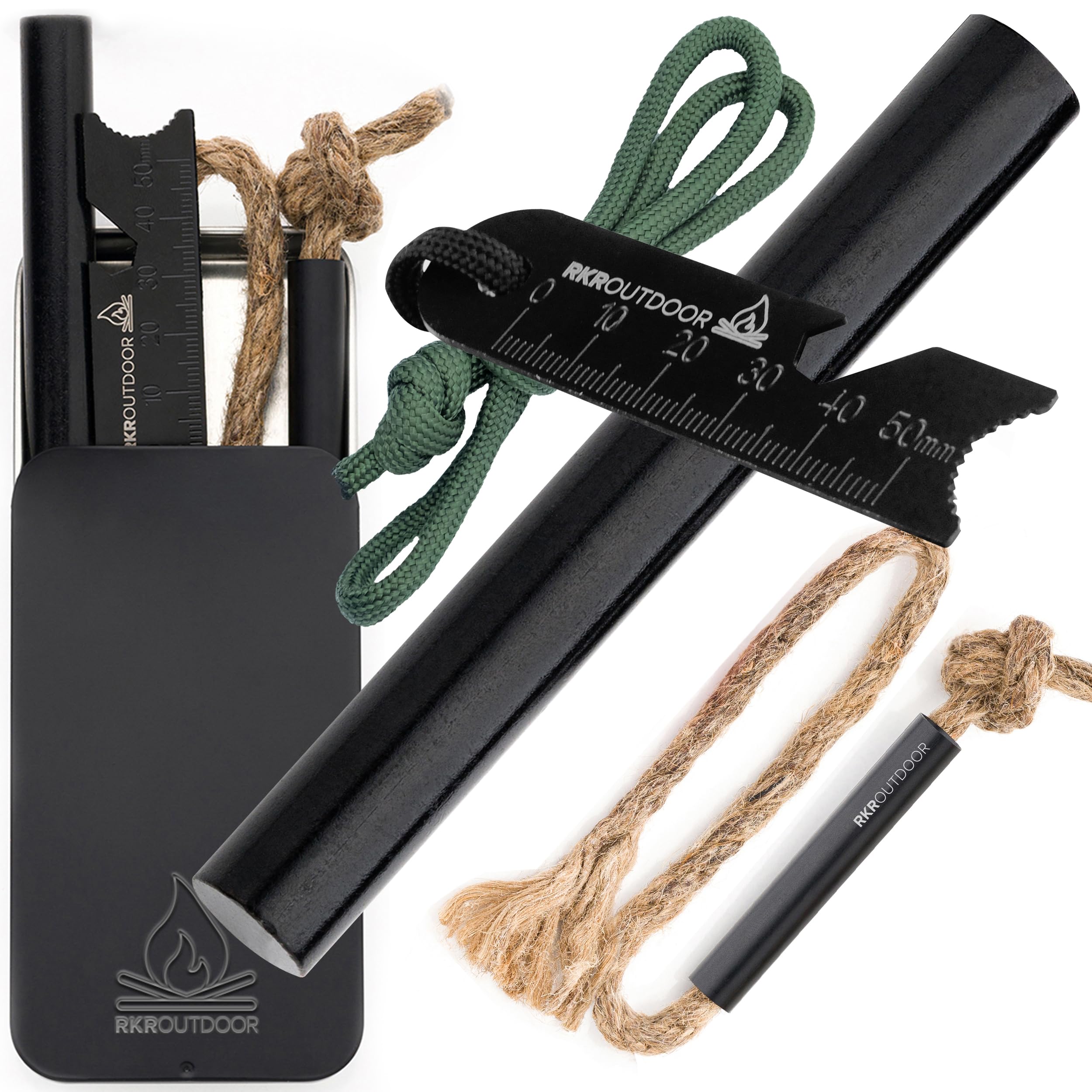 RKR OUTDOOR Flint and Steel Ferro Rod Fire Starter Kit + Tinder Wick Bellow with Box - 4" Length 1/2ā Thick Ferro Rod with Multi-Tool Striker and Paracord Lanyard + Hemp Wick with Bellow