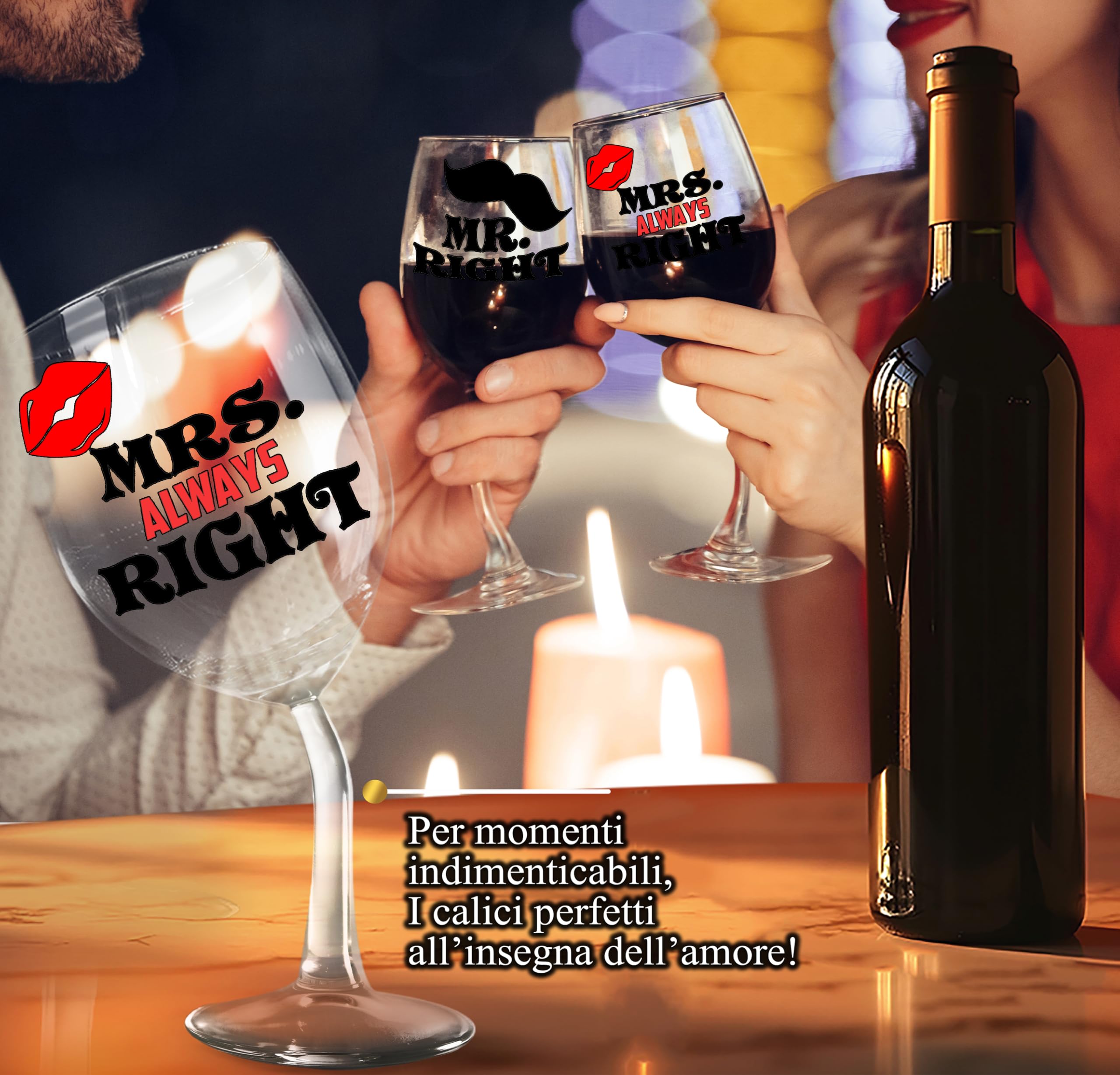 Calici Vino Personalizzati MR & MRS RIGHT – Calici Coordinati Per Brindare Insieme Con Ironia - Regalo Di Coppia Per San Valentino Con Bicchiere Piegato E Confezione Regalo Inclusa