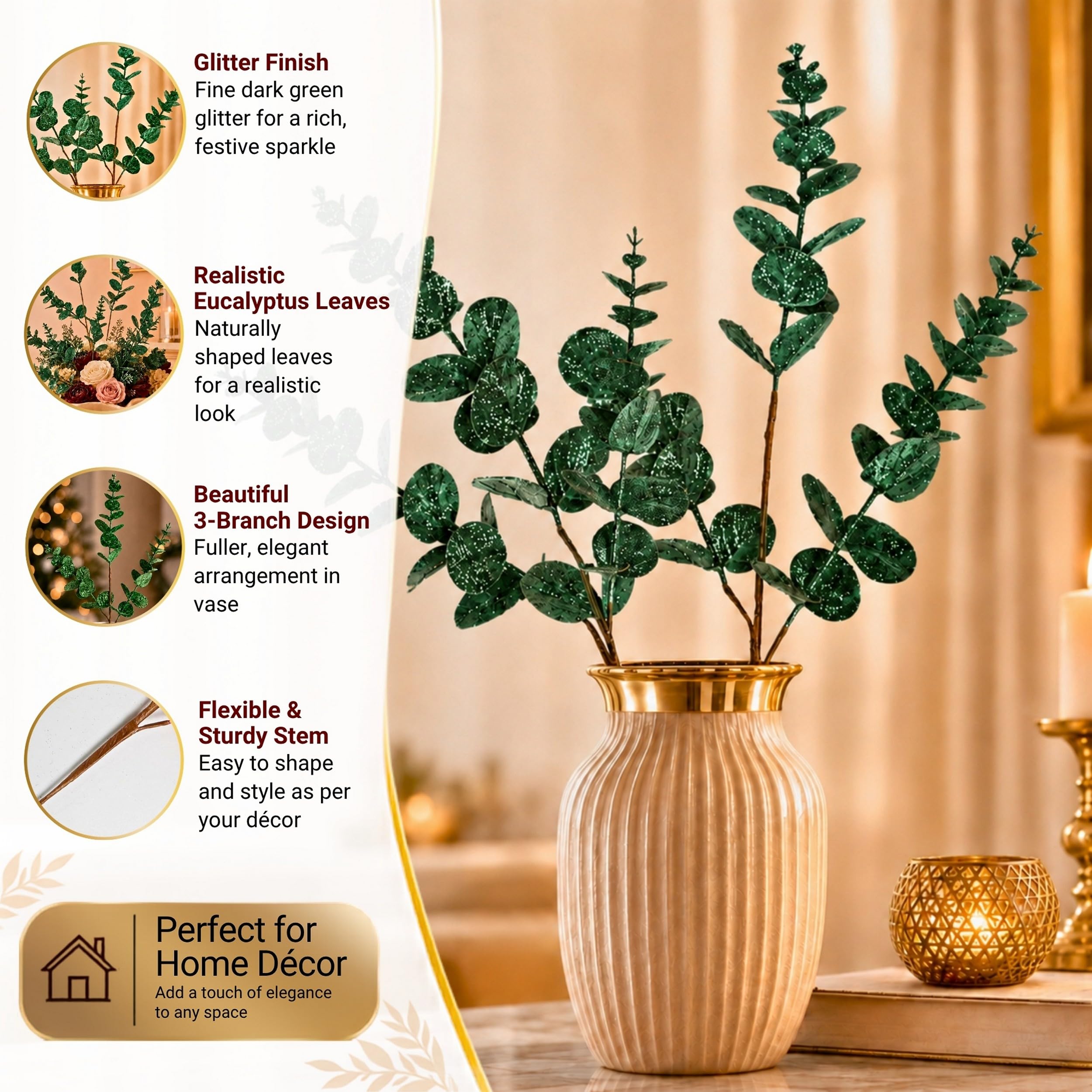 Lot de 12 tiges d'eucalyptus artificielles pour Sapin de Noël, 55 cm, Vert