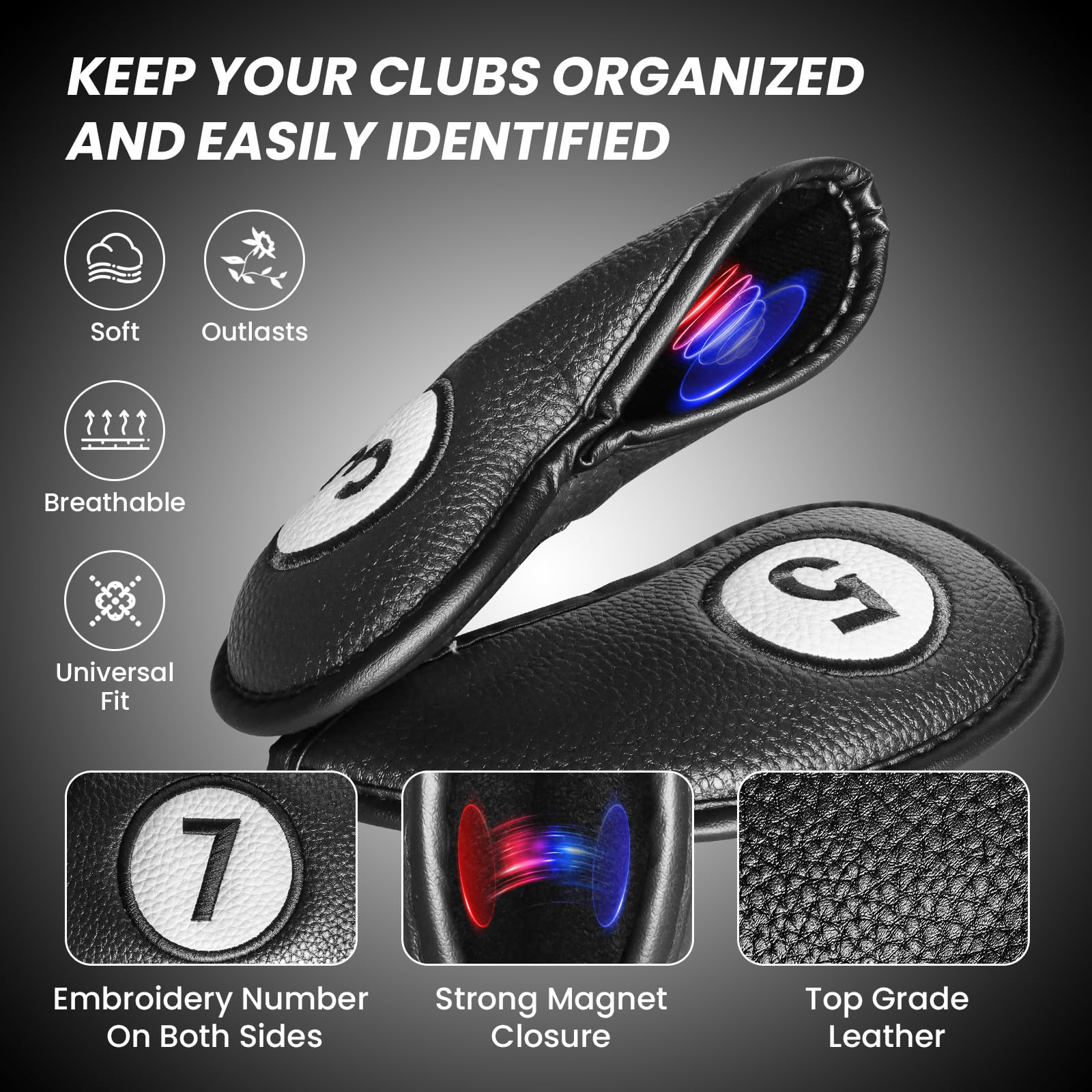 Golfschlägerhauben Set Wert 11 Stück für Golf Eisen, Kunstleder Deluxe Schlägerhauben Schwarz Blau Rot Golfschläger Covers, Professionell Langlebig Schlägerkopfhüllen Passen Alle Markenclubs