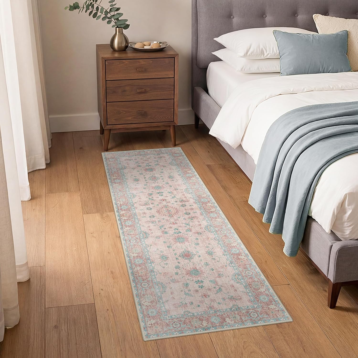 GENIMO Runner Rug for Hallways Machine Washable, 2x6 Non Slip Boho Vintage Lightweight Washable Runners, Thin Floor Rugs for Entryway Hallway Bathroom Laundry Room Corridor, Misty Pink