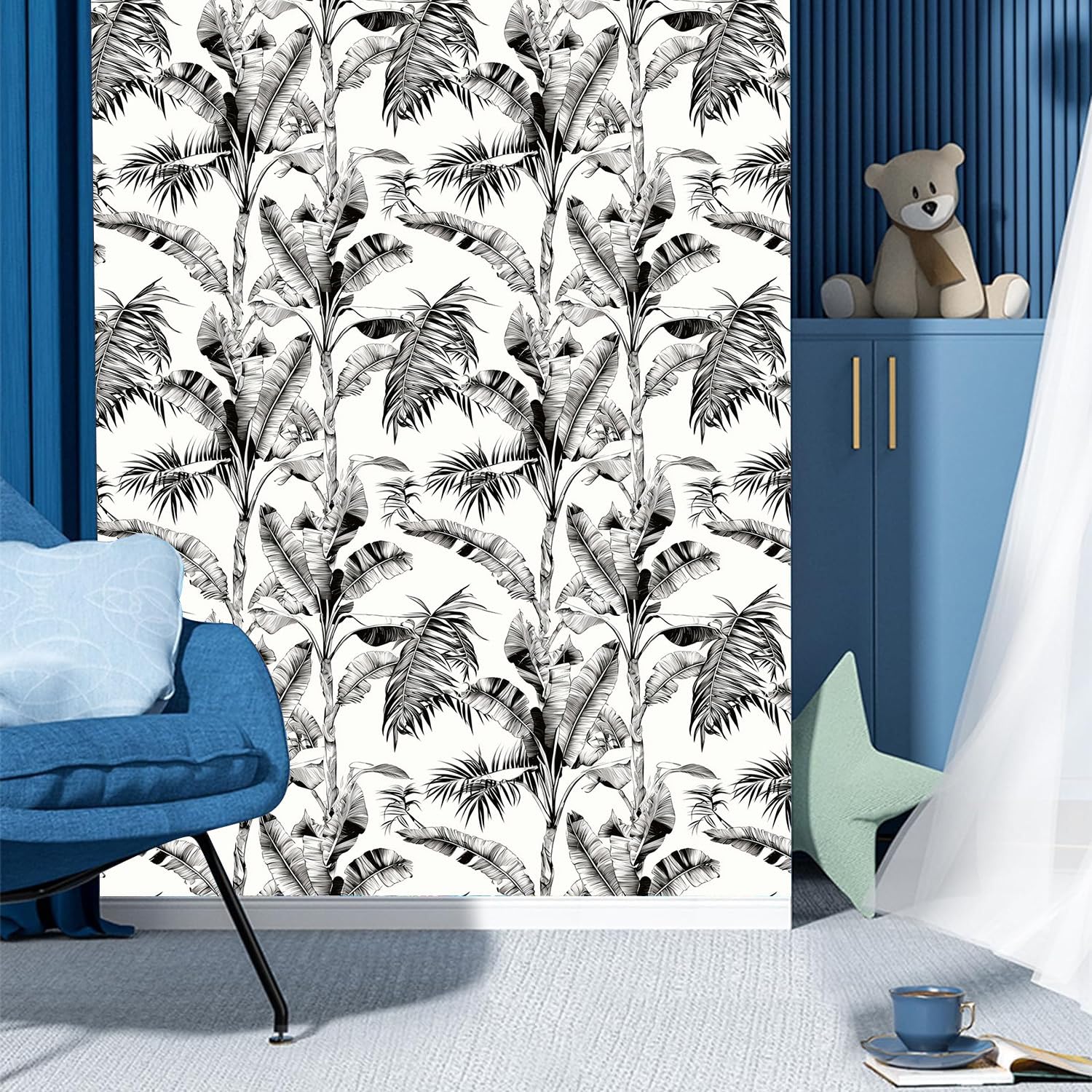 Papel pintado autoadhesivo Plantas en blanco y negroPalmera de playa Papel tapiz adhesivo sala de estar dormitorio envoltura de vinilo para muebles extraíble papel tapiz decorativo calcomanía de vi