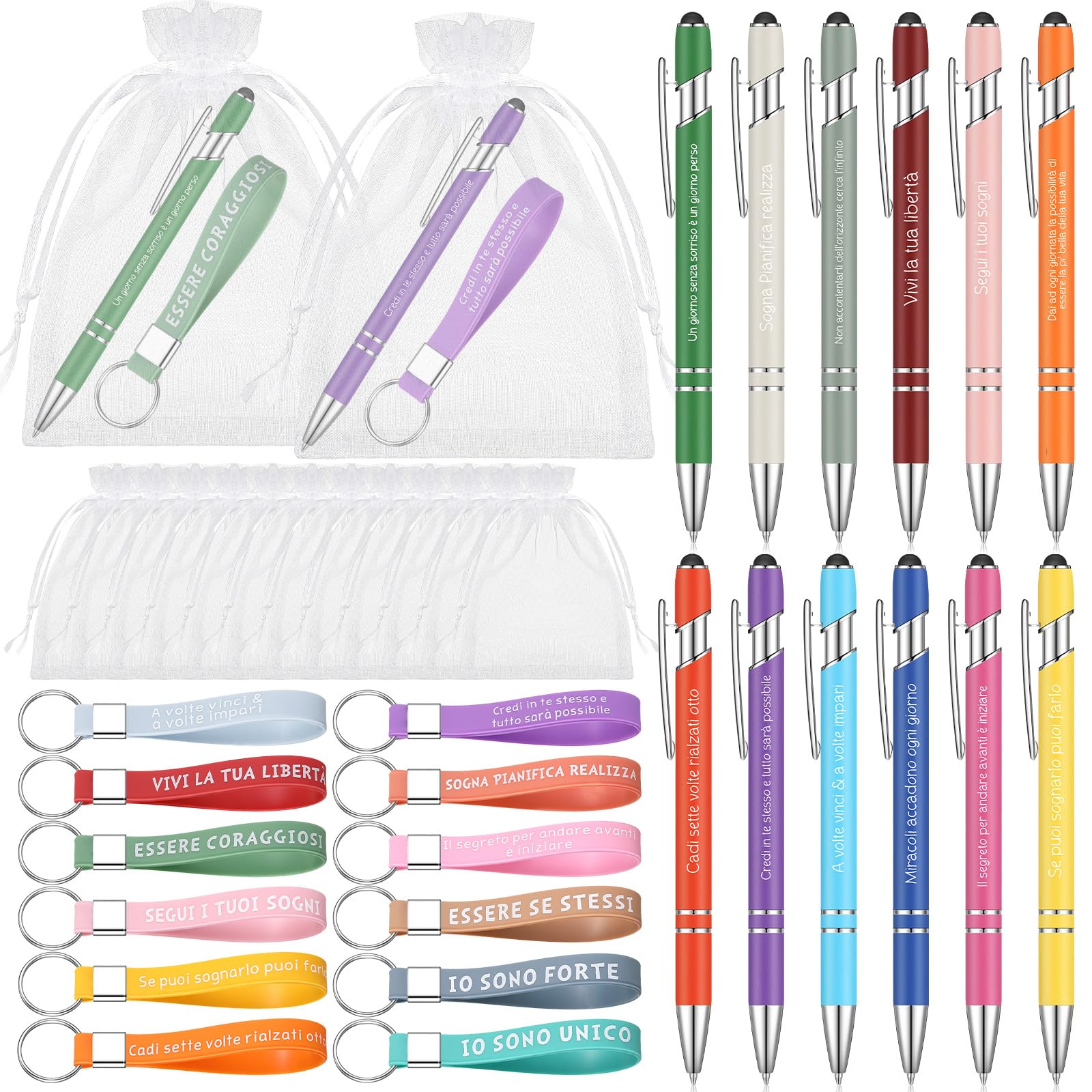 Jadive 12 Set de Regalo para Colegas Bolígrafos Motivacionales en Italiano Bolígrafo con Proverbios Llavero Motivacional de Silicona Bolsa de Organza Regalo para Empleados y Profesores