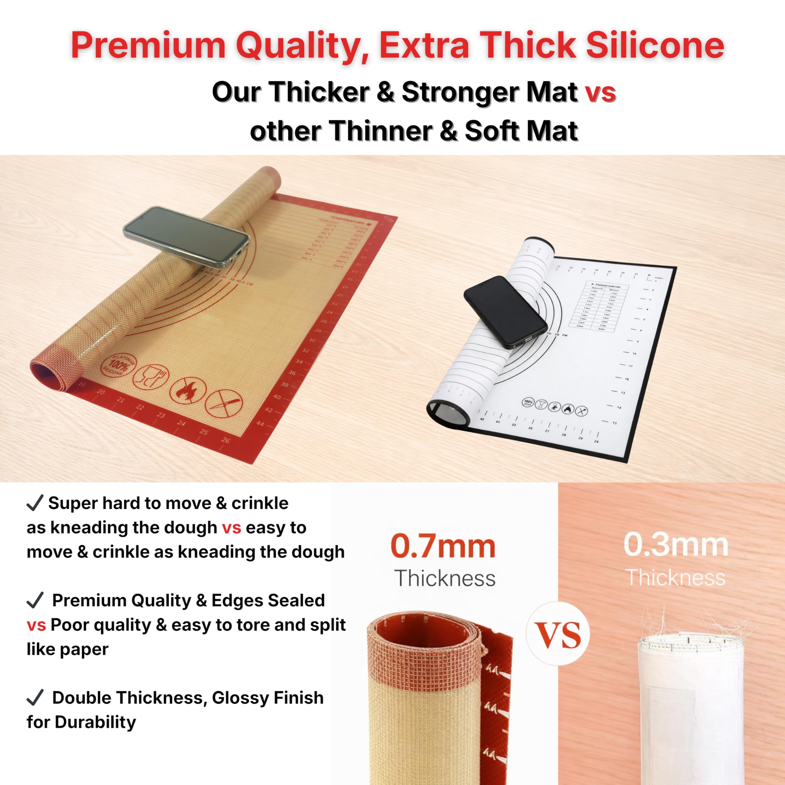 Tapis de pâtisserie en silicone avec mesures, 91,4 x 61 cm, extra épais, antidérapant, antiadhésif, XL, pour rouler la pâte, pétrir, fondant et tarte, rouge