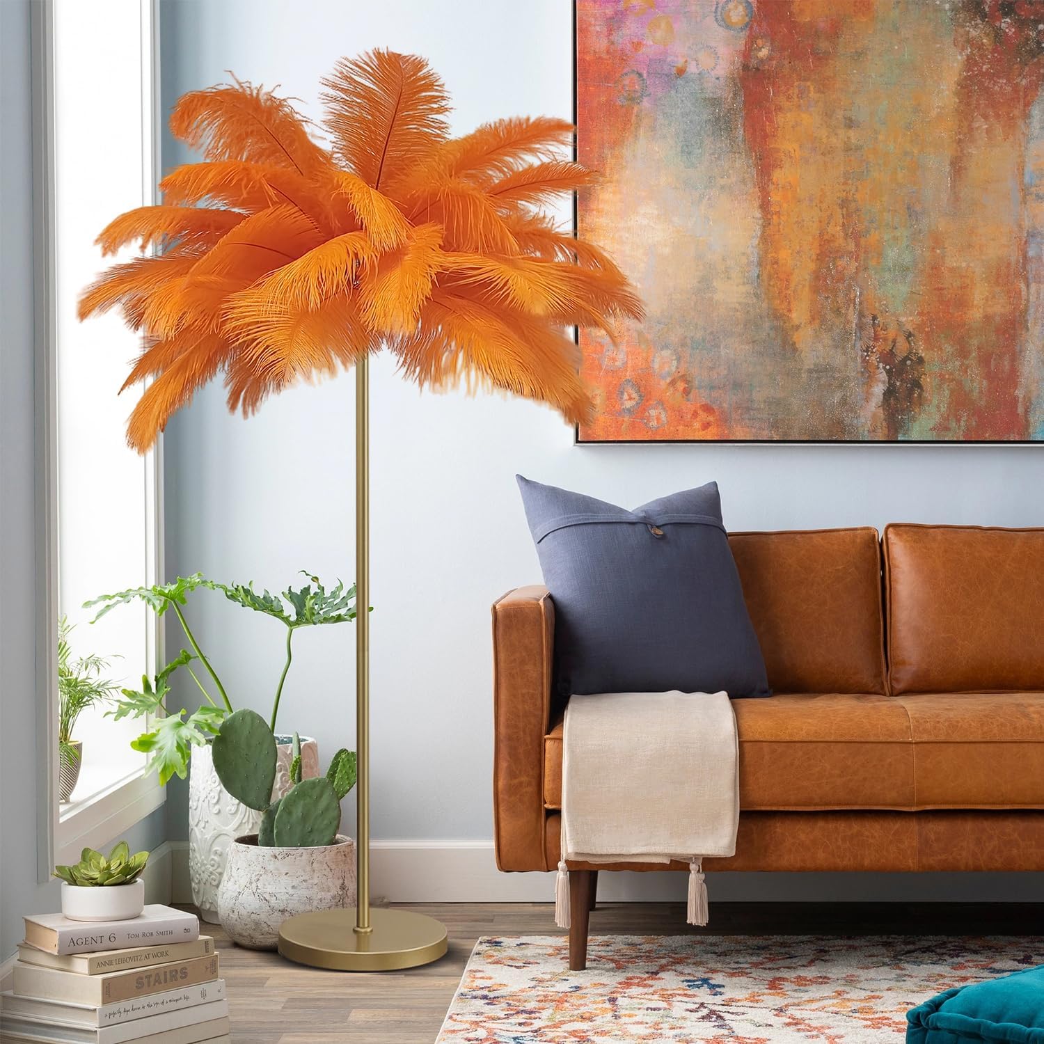 ANram Feather Floor Lamp LED Floor Lamp Dimmable Ostrich Feather Standing Lamp (160cm/66.9in),Orange,Large