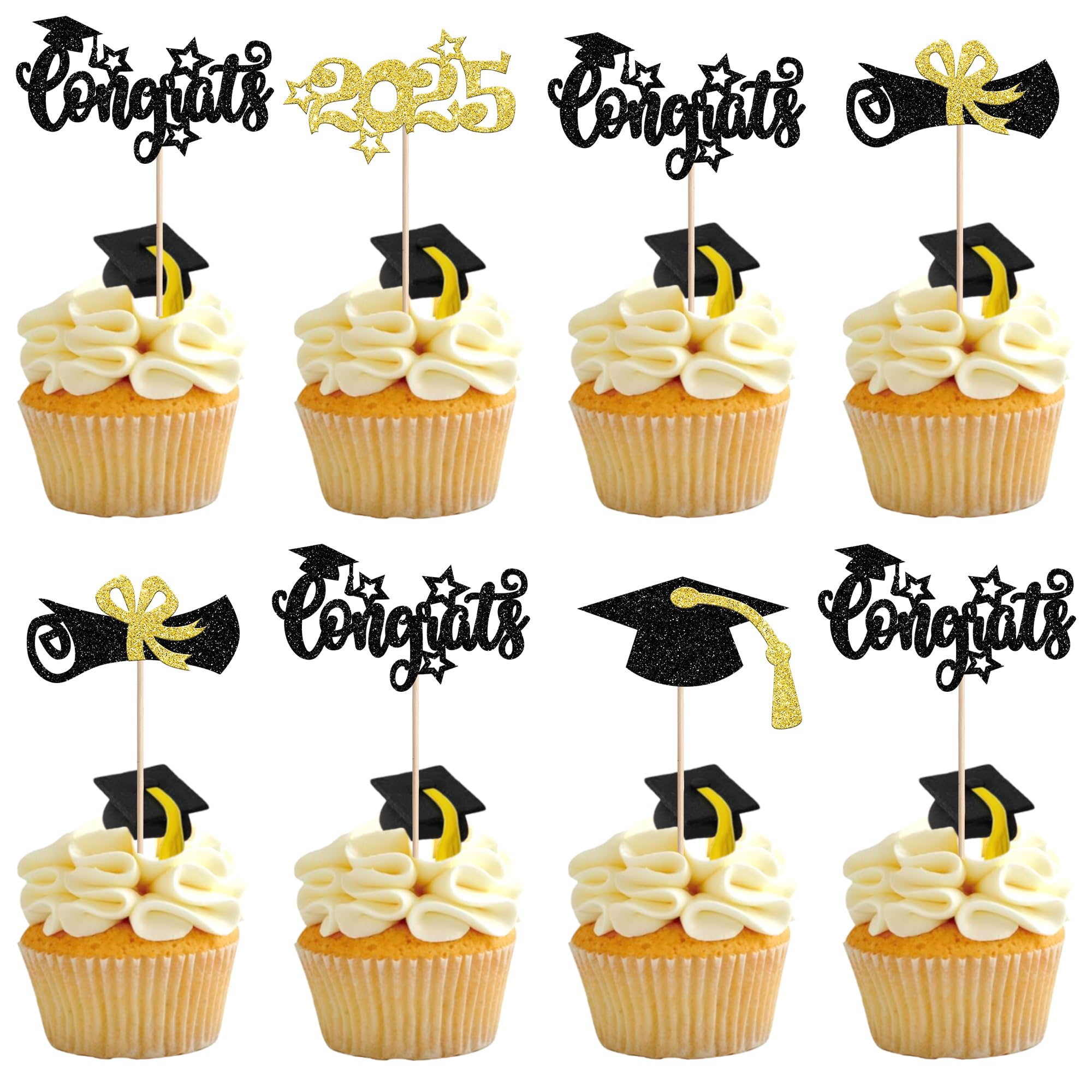Rsstarxi 36 Pack Graduation Cupcake Toppers 2025 Glitter Congrats Grad Cap Diploma Cupcake Picks Decorations for Class of 2025 Graduation Party Cake