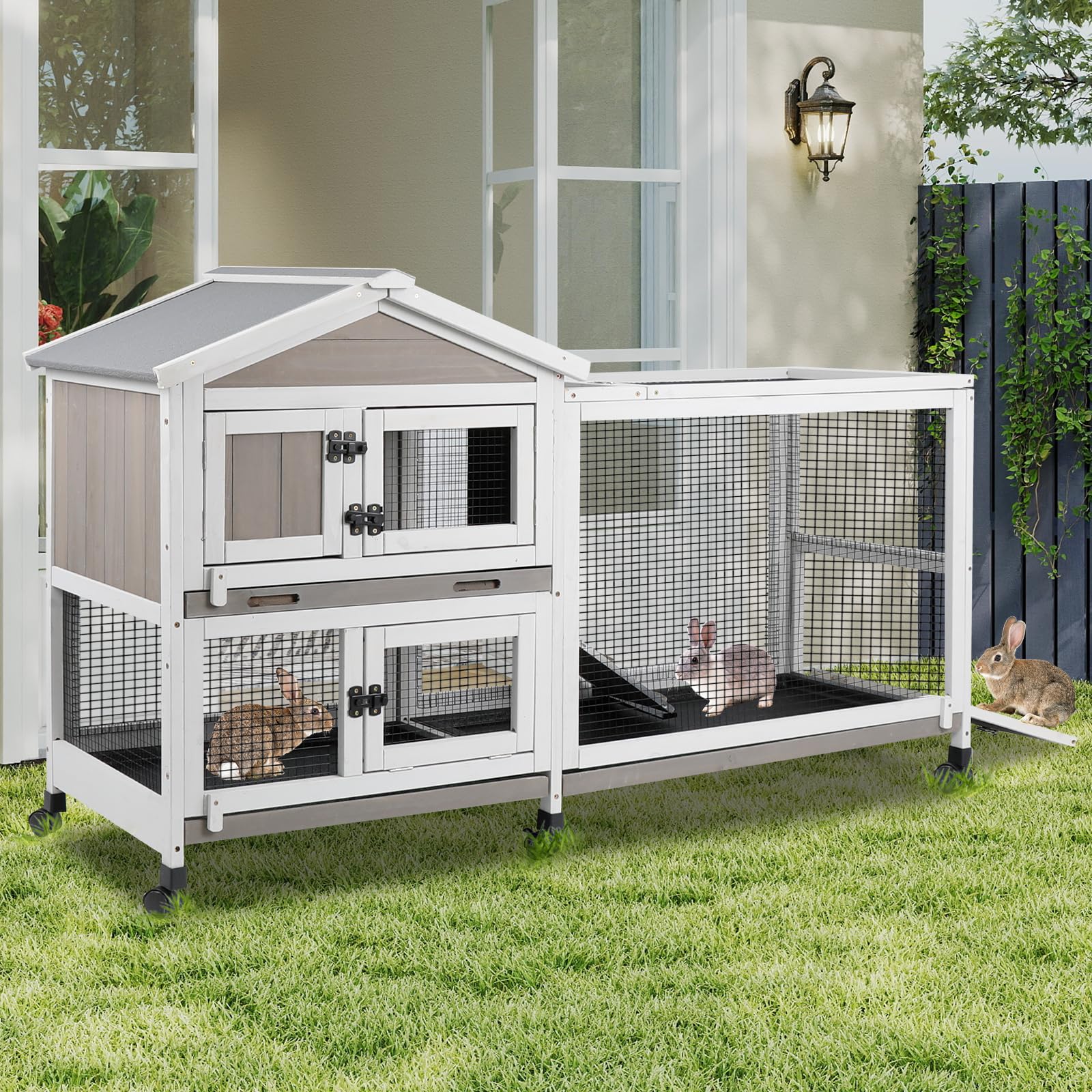 PetsCosset Rabbit Hutch Outdoor Indoor Bunny Hutch with Run 2-Story Large Rabbit Cage on 6 Wheels, 3 Leak Proof Trays, Ramp, Waterproof Roof for Small