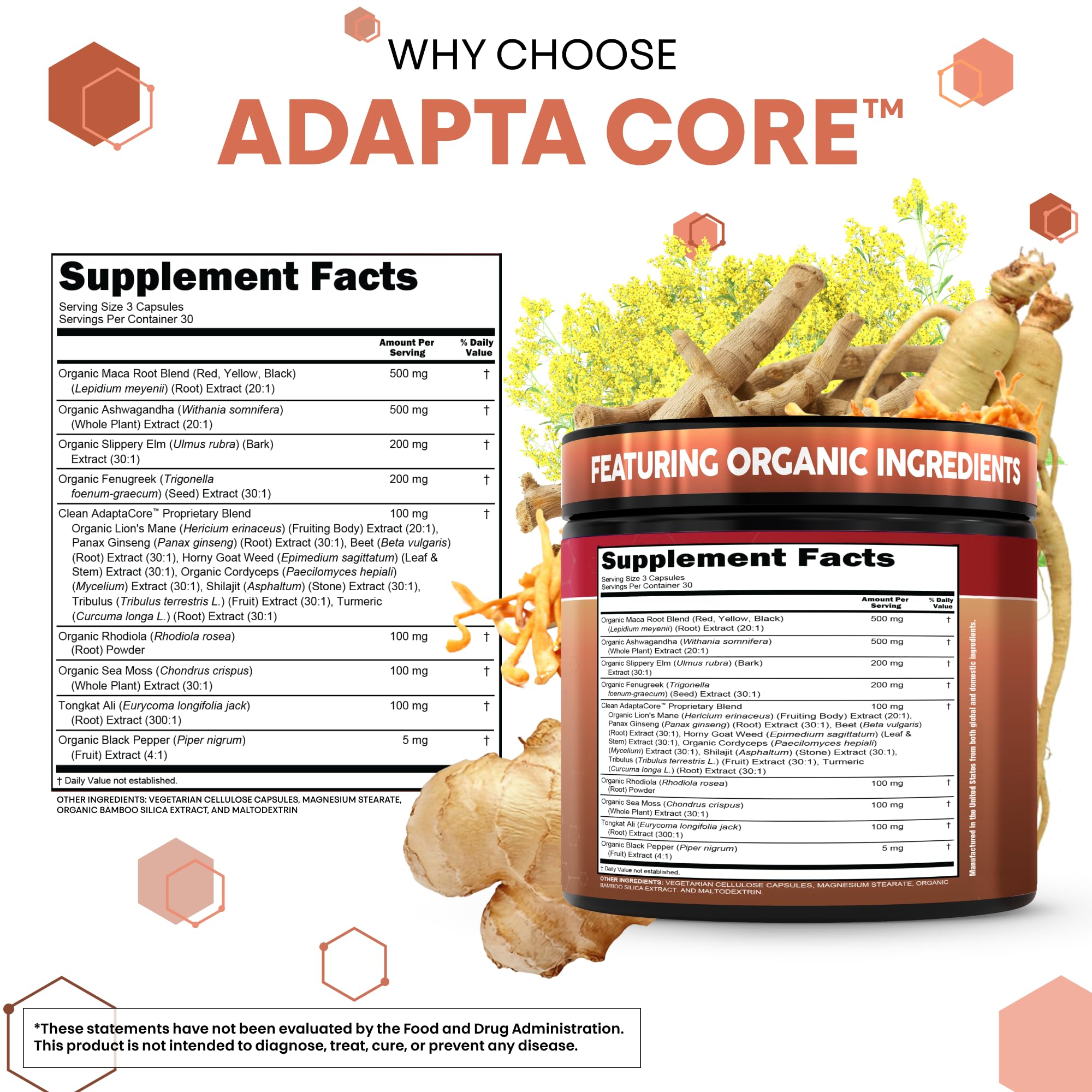 Clean Nutra Organic Maca Root Capsules for Women + Ashwagandha Slippery Elm Tongkat Ali Rhodiola Rosea Fenugreek Beet Root Sea Moss Ginseng Black Yellow Red Maca Powder Supplement 90 Pills — Amazon image 5