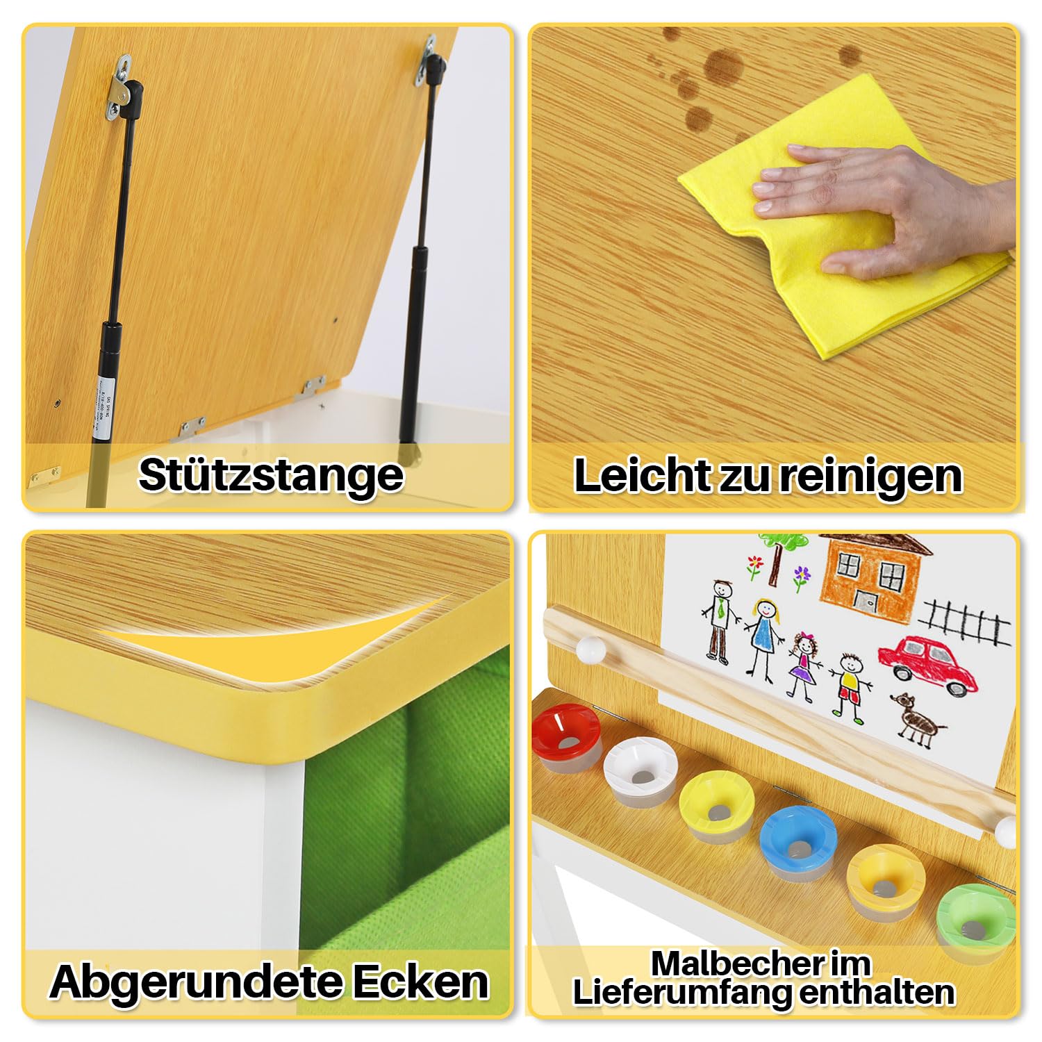 ROCSUMOO Kinder-Kunsttisch-Set mit 2 Stühlen - Holzerner Aktivitätstisch für Kleinkinder mit Verstellbarer Tischplatte, Farbpigment-Eimer und 8 Stoff-Aufbewahrungsboxen (Natürlich)