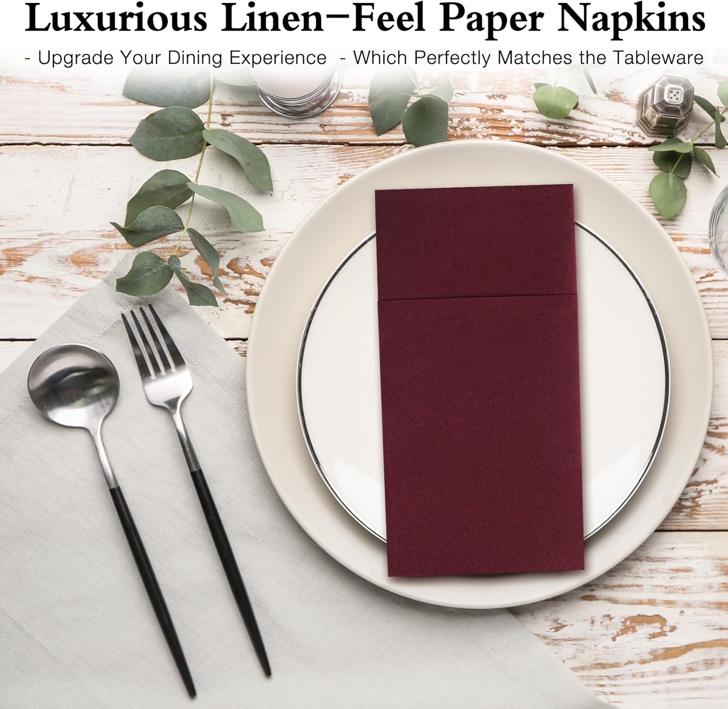 Burgundy Disposable Napkins with Built-in Flatware Pocket, Linen Feel Prefolded Dinner Napkins for Evening Parties, Weddings, Christmas, Cloth Like Paper Napkins, 100Pack