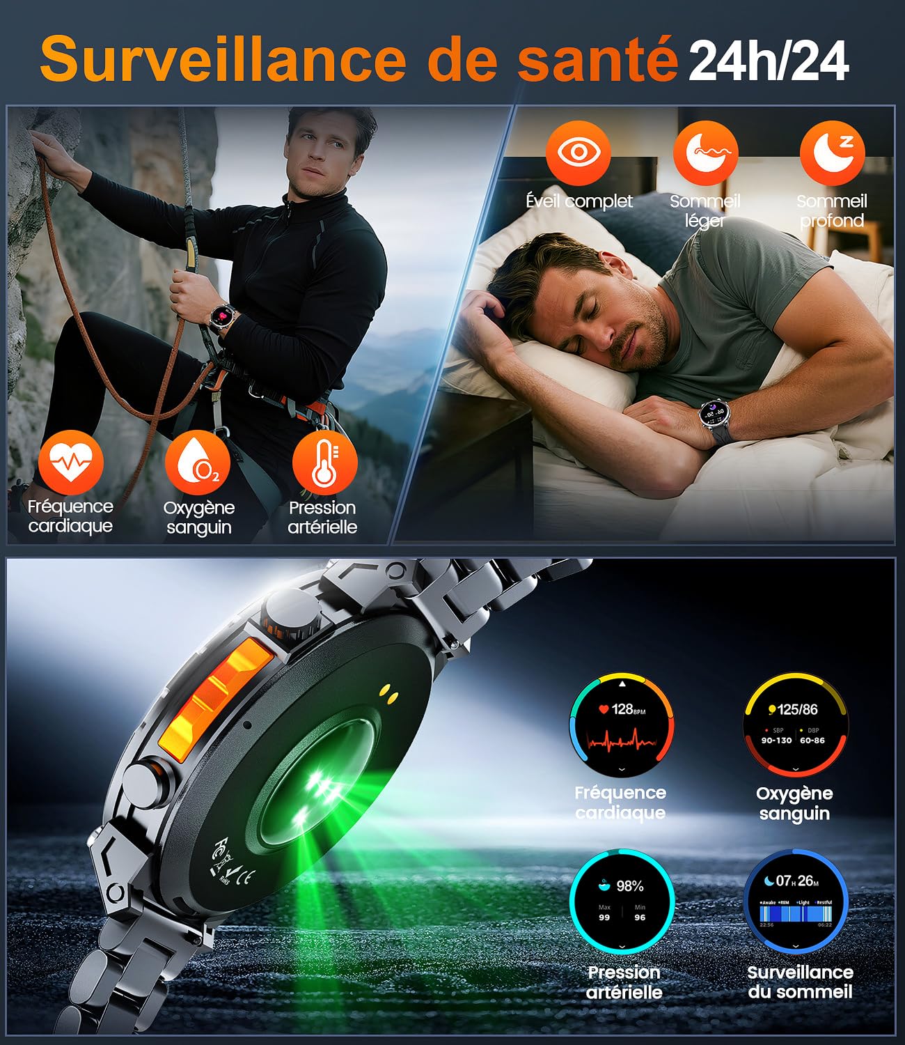 Montre Connectée Homme GPS intégré, AMOLED Appel Bluetooth, Montre Connectée pour Android et iPhone, 100+ Modes Sportifs, 3ATM étanche Montre Sport Homme avec Boussole (1.6)