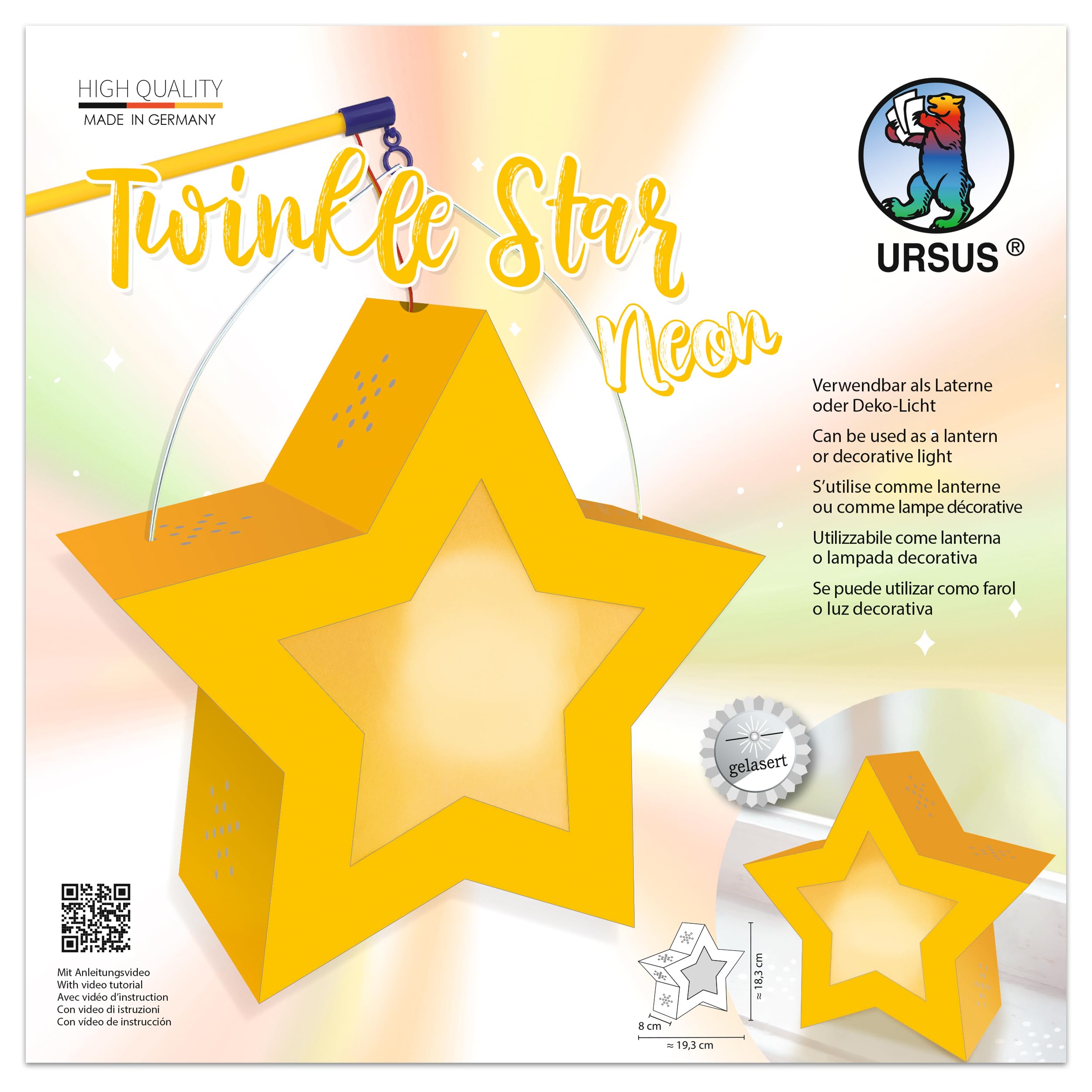 Ursus 1883 00 01 Twinkle Star Neon Yellow, Lantern Craft Set, 19.3 x 18.3 x 8 cm, 250 g/m², for Lantern Crafts, DIY Craft Set for Lantern Moving & Decoration