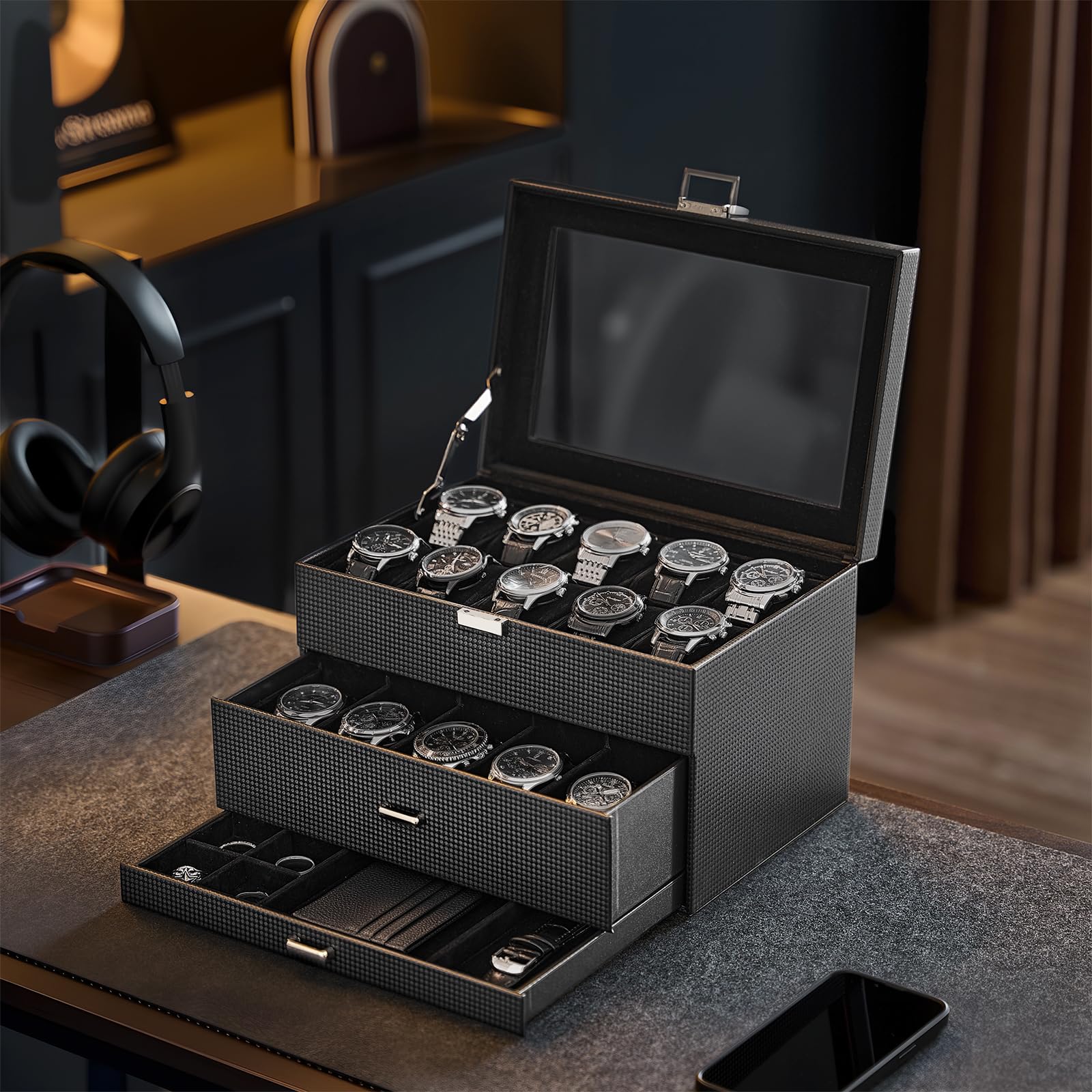 ProCase Organizadora para Relojes para Hombre, 20 Ranuras Caja Organizadora de Joyería de 3 Capas con Cajón Estuche de Almacenaje con Tapa de Cristal Vitrina Expositor -Negro Puro