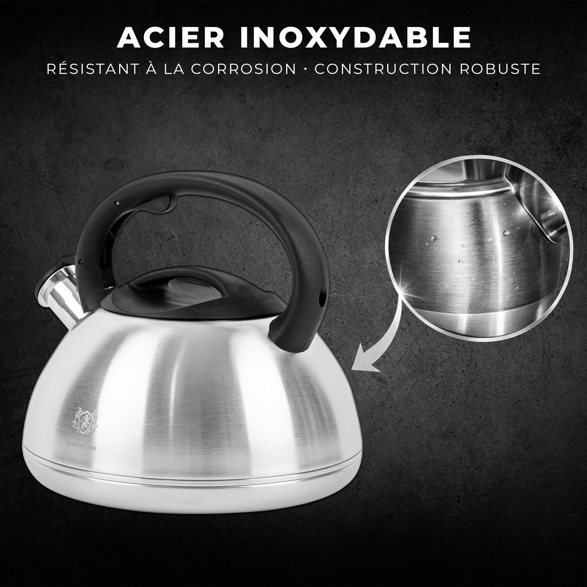 KARL HAUSMANN Bouilloire Induction 3L Inox avec Sifflante - Theiere Cuisine pour Plaque Gaz, Vitrocéramique et Électrique - Grande Capacité Eau Chaude avec Couvercle Amovible