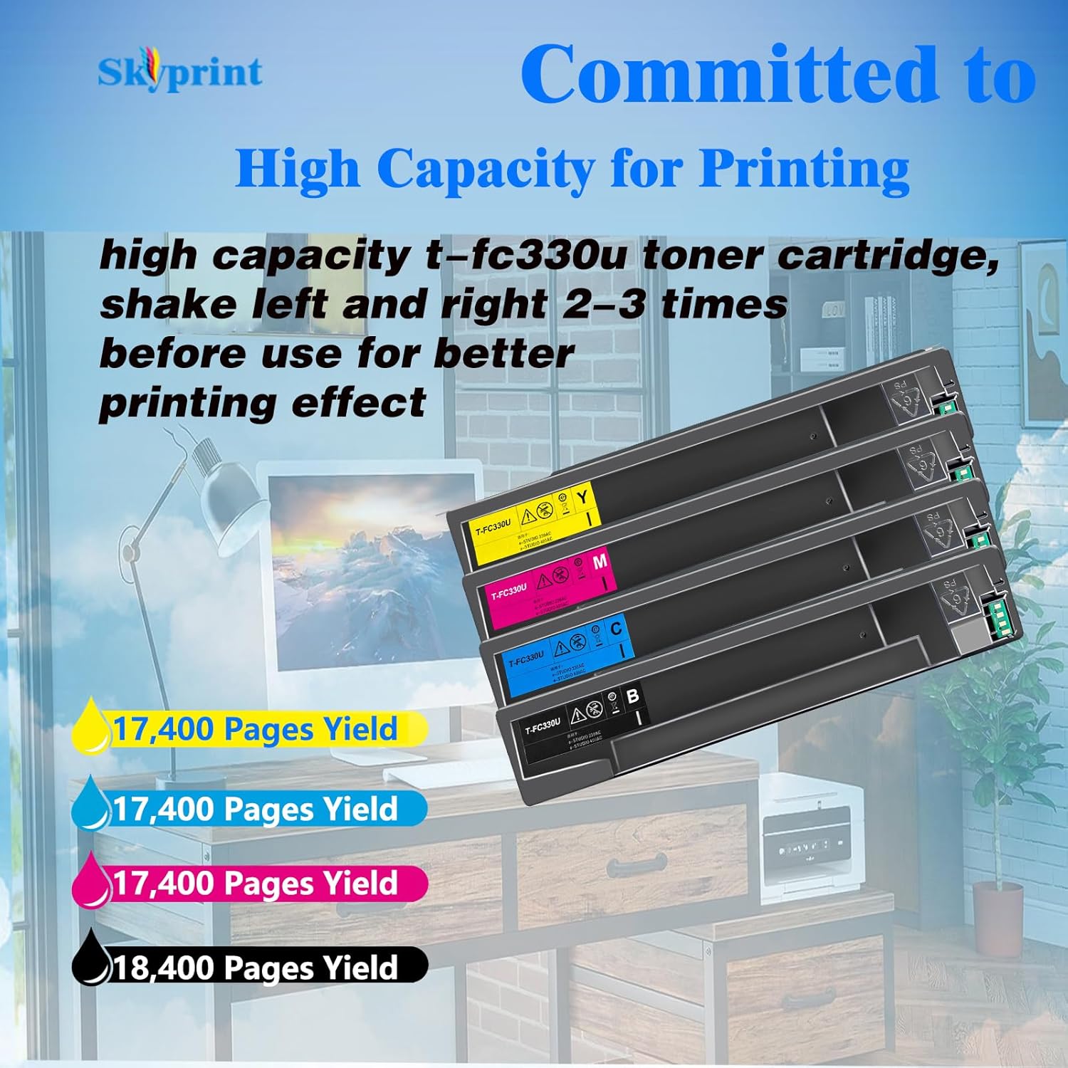 SkyPrint TFC330U T-FC330U Toner Cartridges T-FC330UK T-FC330UC T-FC330UM T-FC330UY Replacement for Toshiba E-Studio 330AC 400AC Printers.4-Pack T-FC330U Black Cyan Magenta Yellow