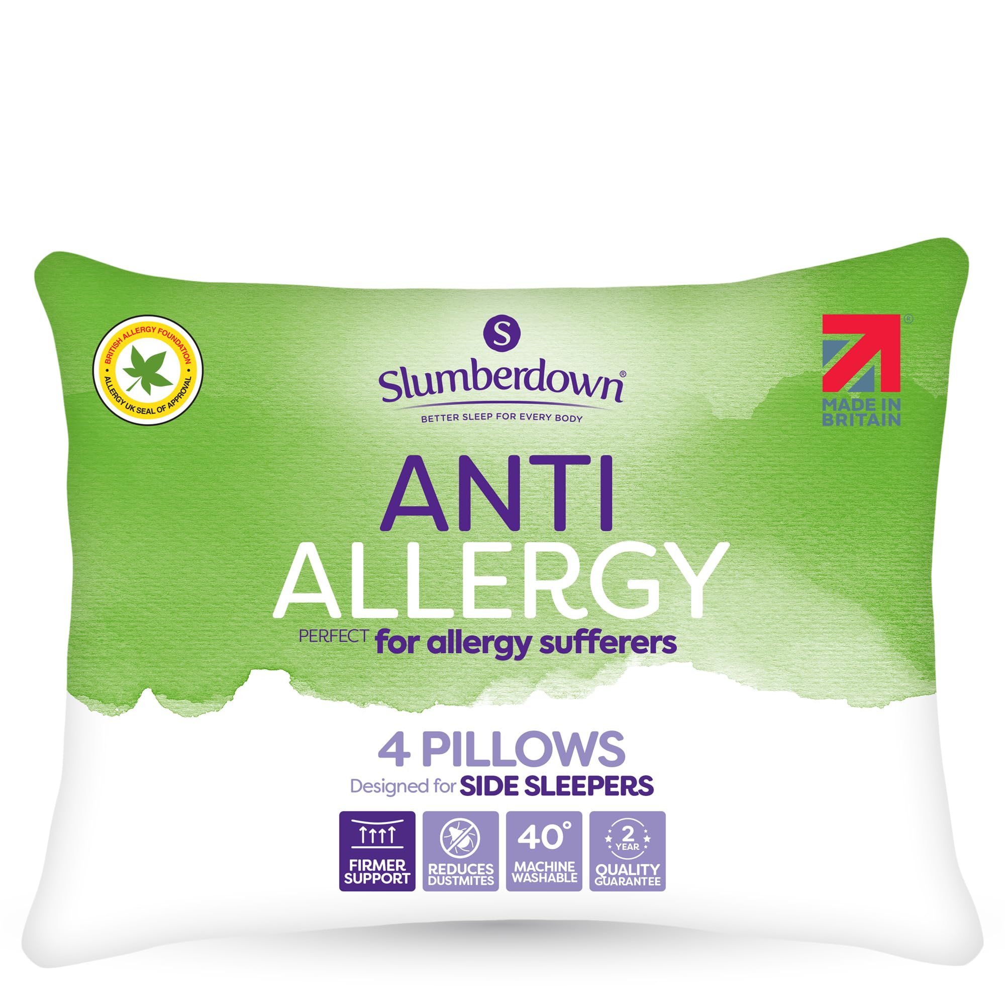 Slumberdown Anti Allergy Pillows 4 Pack - Allergy UK Approved Firm Support Back & Side Sle...