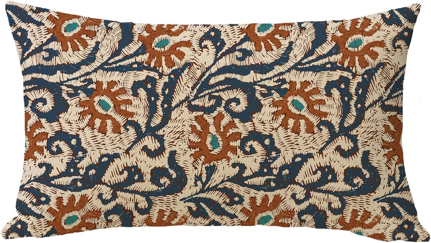 Vintage Floral Lumbar Decorative Throw Pillow Cover 12 x 20, Rectangular Boho Retro Flower Embroidered Outdoor Home Decor, Farmhouse Sofa Couch Cushion Case Housewarming Gift