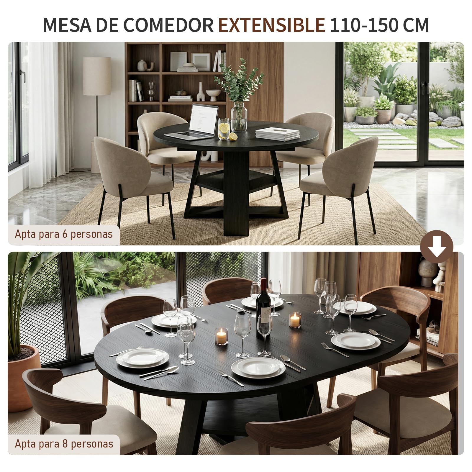 Comedor Mesa Extensible Redonda Madera con Estante, para 6-8 Personas