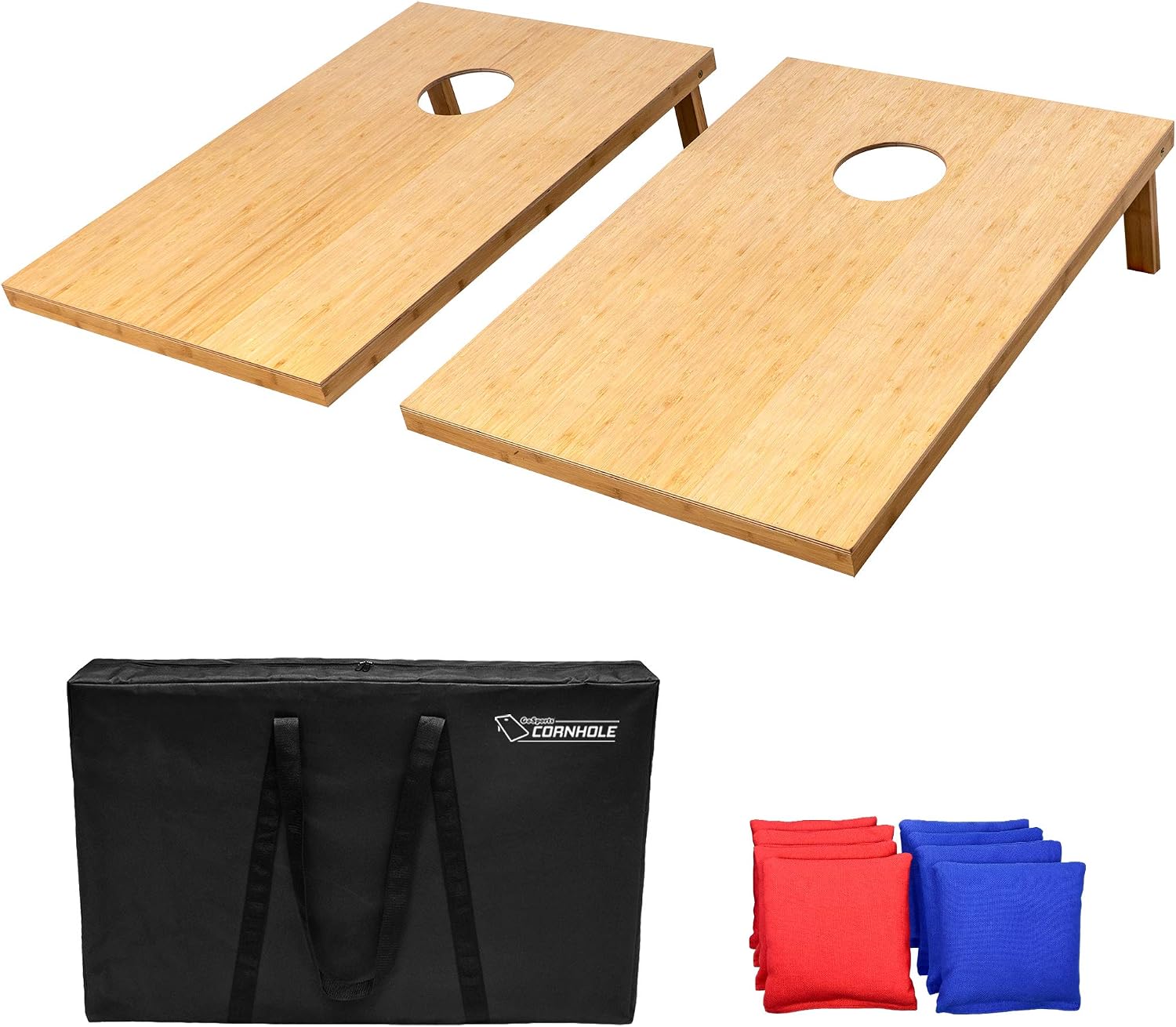 GoSports Bamboo Cornhole Toss Game Set with 8 Bean Bags & Carrying Case - Choose Regulation or Tailgate Size Boards