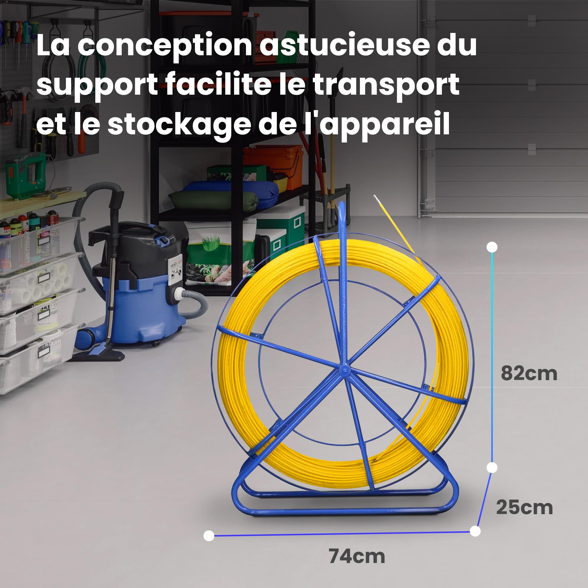 Extralink FRP Tige en fibre de verre, 8 mm de diamètre, 75 m, tube vide avec porte-rouleau et frein, ressort de traction à haute élasticité et résistance, accessoire de câble en fibre de verre pour