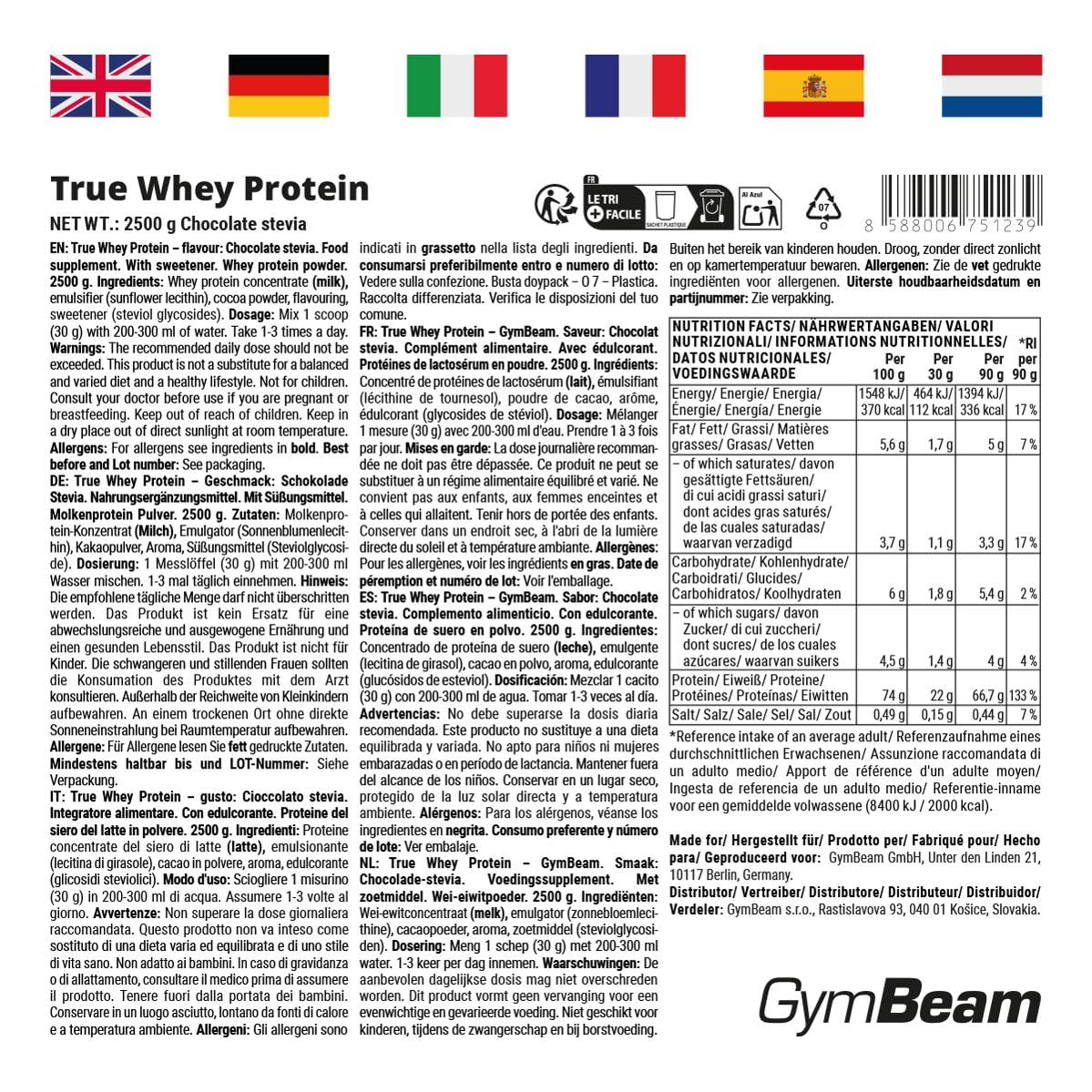 GymBeam Proteine in Polvere True Whey, Concentrato di Proteine del Siero del Latte (WPC), Proteine Whey di Alta Qualità, BCAA, Favoriscono la Crescita Muscolare (Chocolate-Stevia, 2500 g)