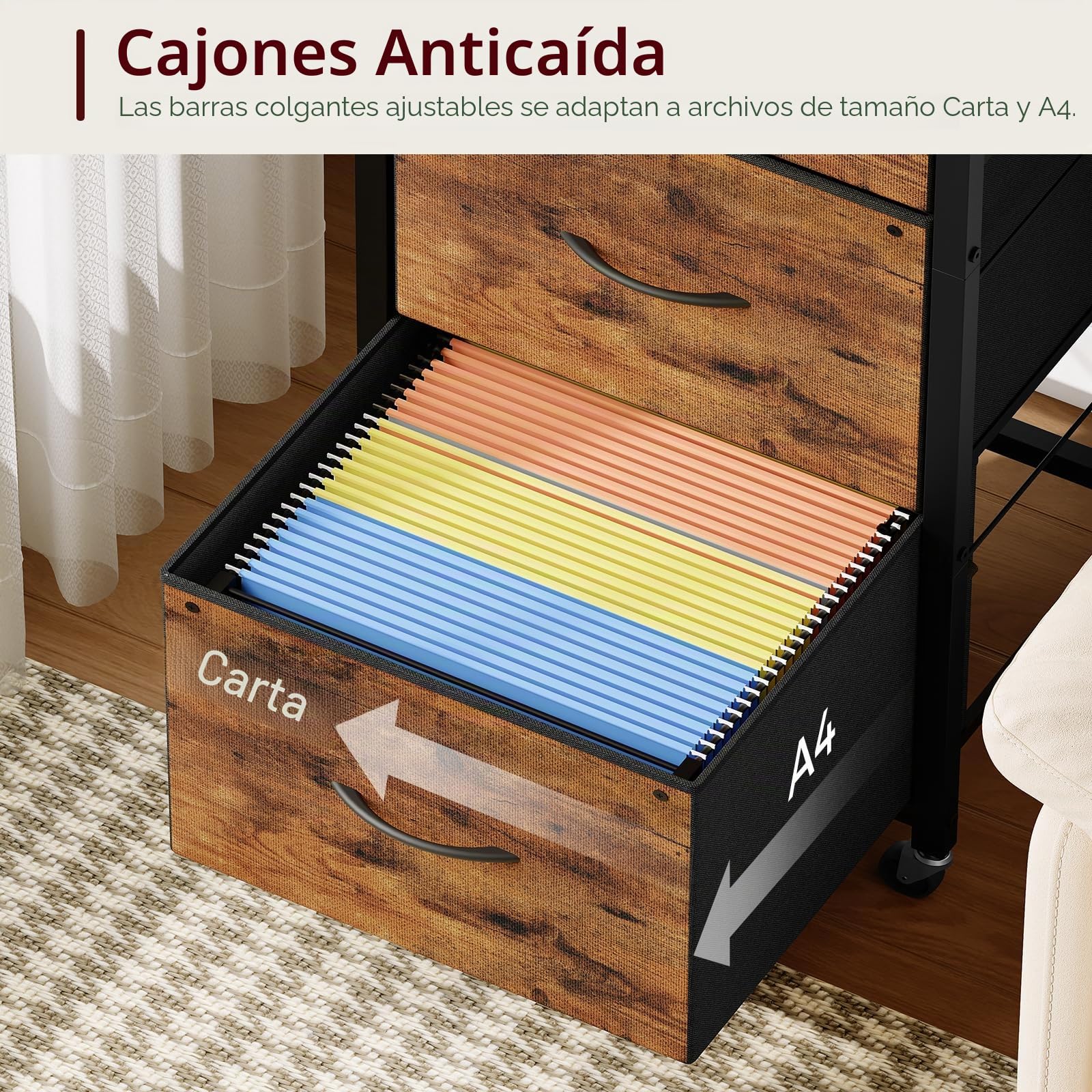 MAHANCRIS Cajonera de Oficina, Archivador Móvil, Soporte para Impresora con 3 Cajones, con Ruedas, Barra Ajustable, para Carpetas Formato A4 y Carta, Oficina en Casa, Marrón Rústico y Negro AFCHR5901