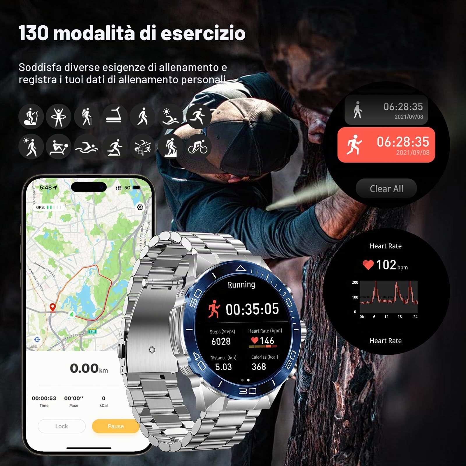 Smartwatch Uomo Impermeabile con Sport Contapassi