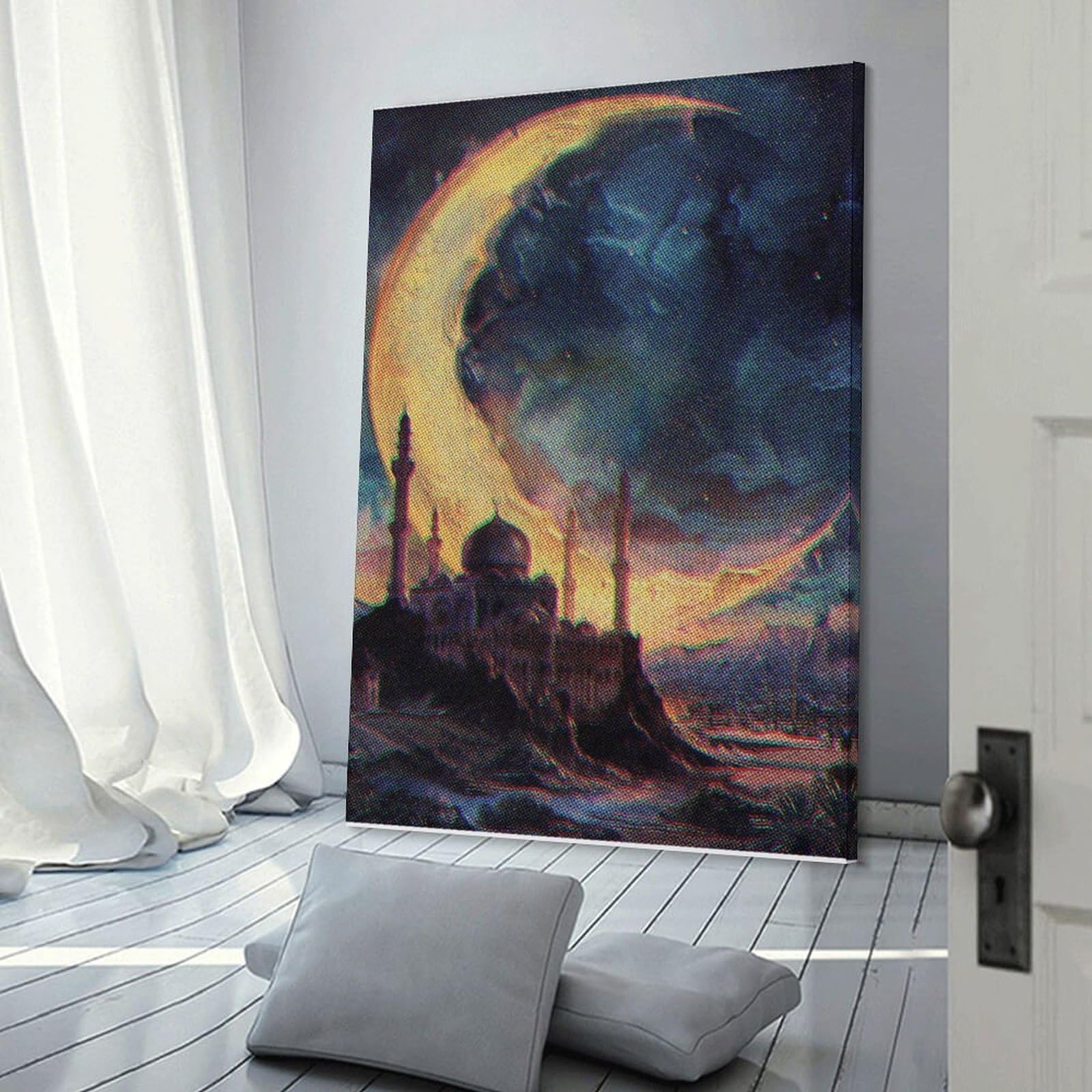 Junmoney Full Moon Over Mosque Canvas Wall Picture, 20x30inch(50x75cm), for Wall Displays, Bedrooms Or Room Updates, Wall Decor Suited to Curated Displays