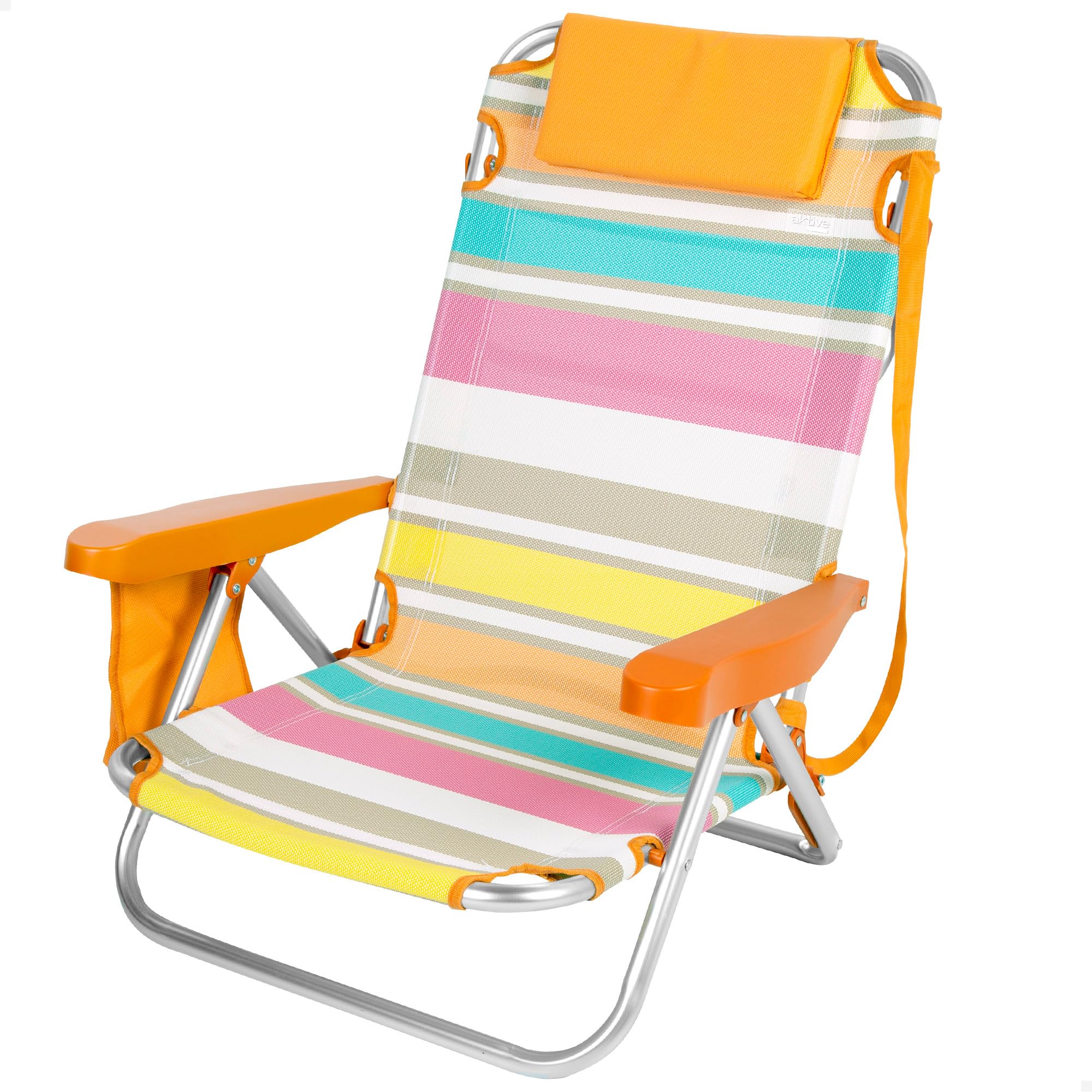 AKTIVE Silla Playa Plegable, 4 Posiciones, Multicolor, 51x45x76 cm, Incluye cojín Acolchado, Bolsillo Lateral, Asa Hombro, Soporta 110 kg, Multiposición, Respaldo reclinable (62671)