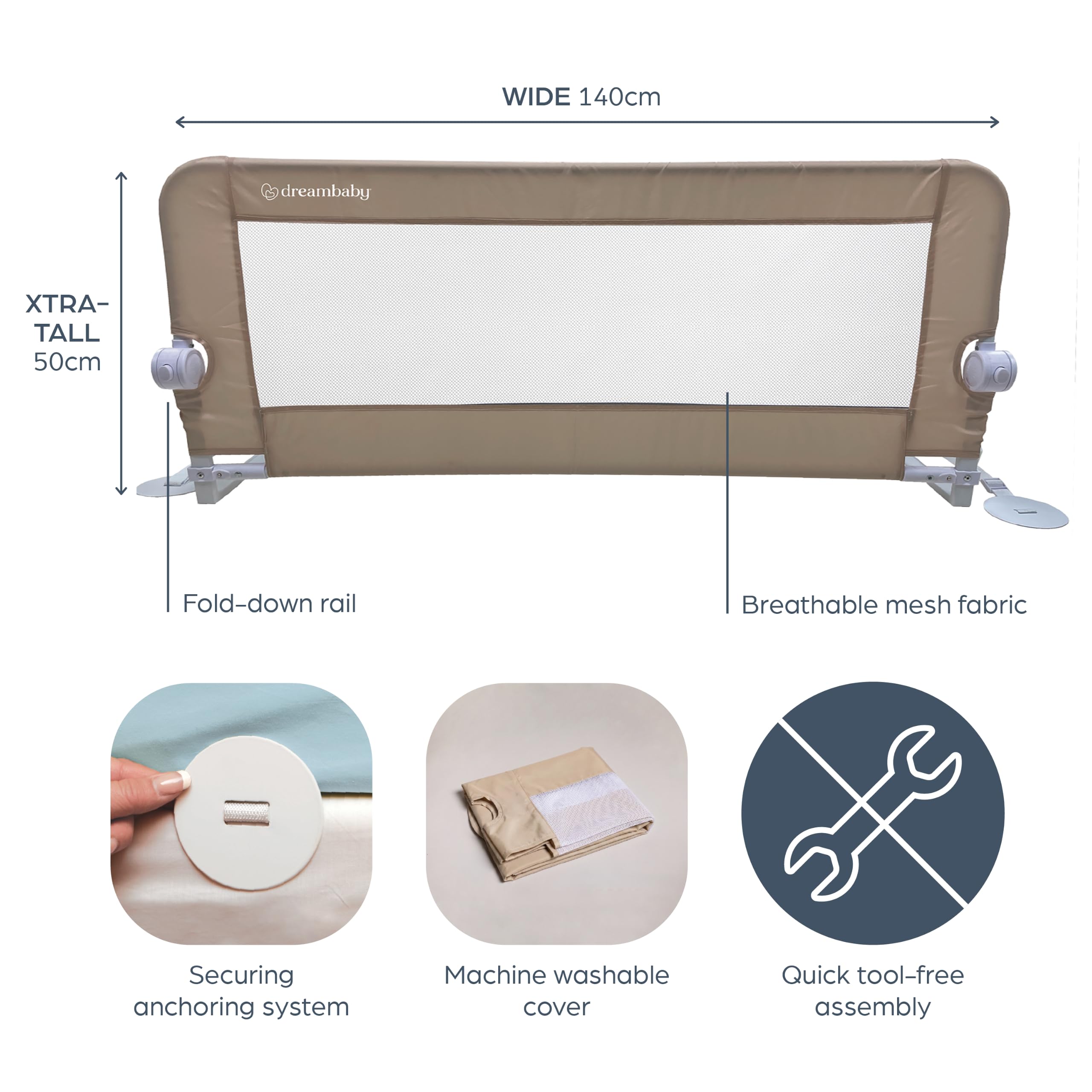 Dreambaby Harmony Bettschutzgitter für Kleinkinder – super breit 140 cm & 50 cm hoch – einfache Montage, waschbarer Bezug, sicherer Übergang vom Kinderbett zum Bett – passend für Kingsize-Betten