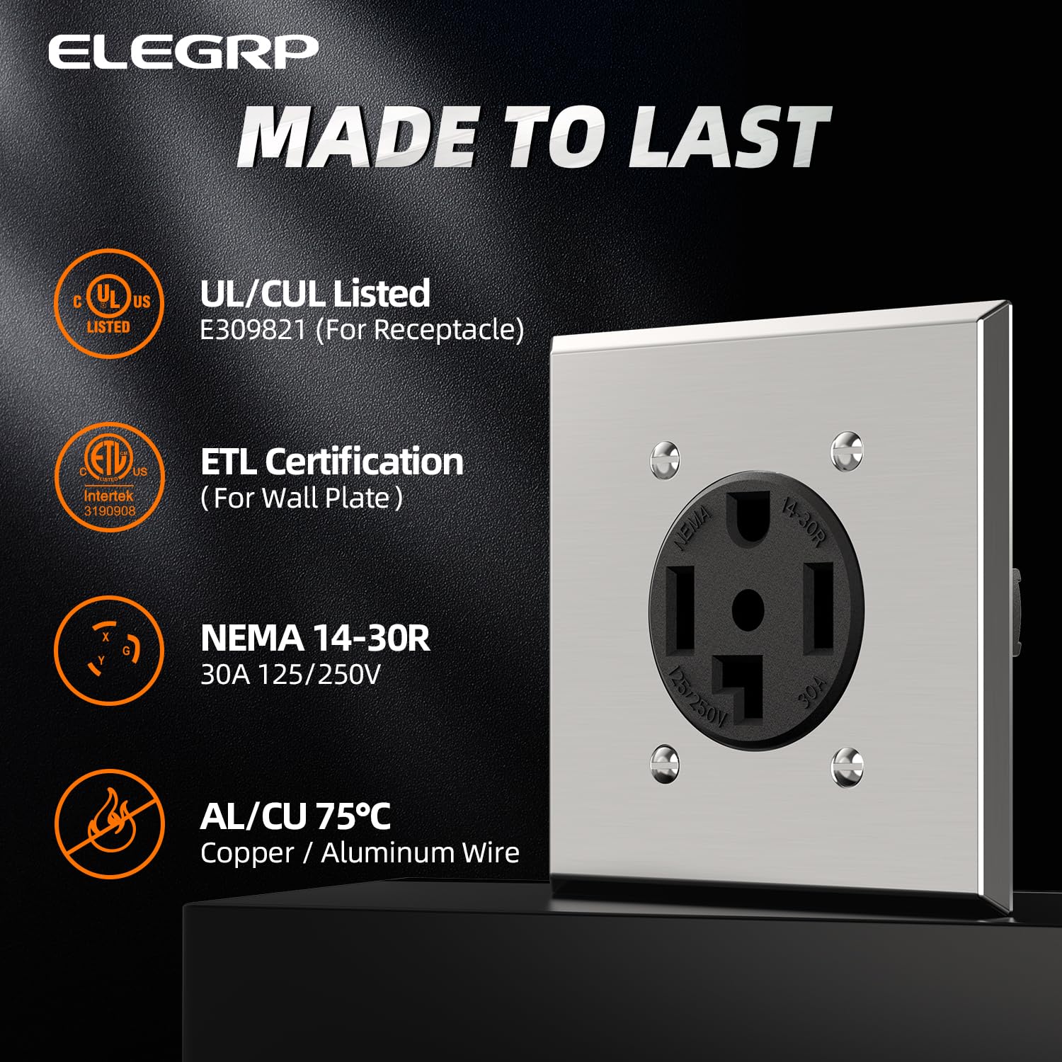 ELEGRP 30 Amps 125/250V Dryer Outlet, NEMA 14-30R Flush Mounting Power Outlet UL Listed, Straight Blade Heavy Duty Dryer Receptacle, with Stainless Steel Wall Plate, Grounding, 3 Pole 4 Wire, 1 Pack