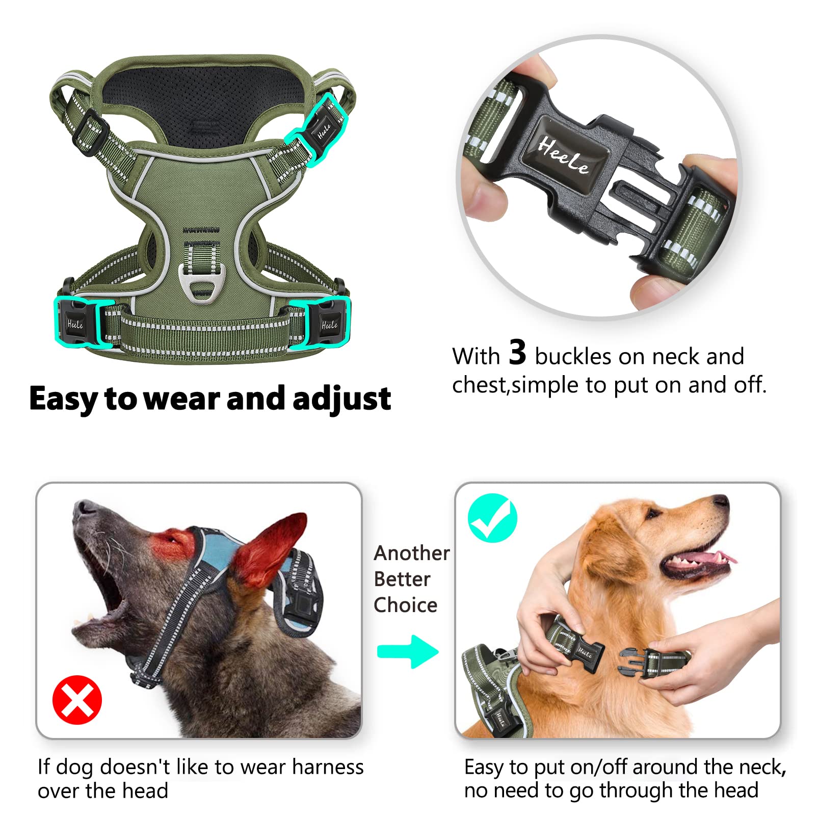 HEELE Pettorina Cane, Imbracatura Sganciata Rapido dal Collo, Pettorina Anti-tiro Riflettente e Regolabile con Maniglia Comoda, Morbida e Imbottita per Cani Piccola Media Grande, Militare Verde XS