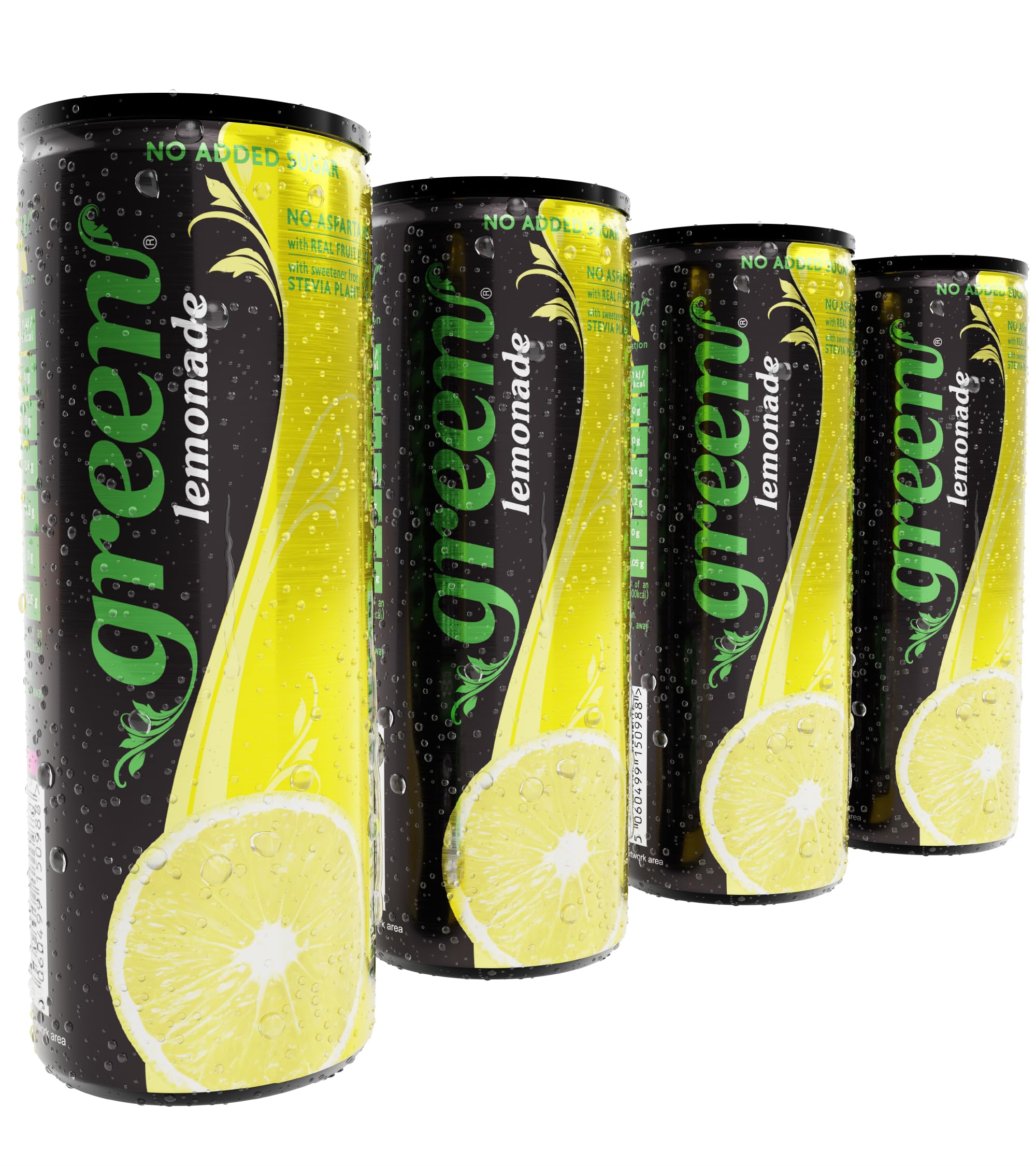 Green Lemonade - Low Calorie Soft Drinks - Sparkling Lemon Flavour with 7% Natural Juice - No Added Sugar, Sweetened with Stevia, No Aspartame - Alternative Fizzy Drink - Pack of 4 Cans x 330ml