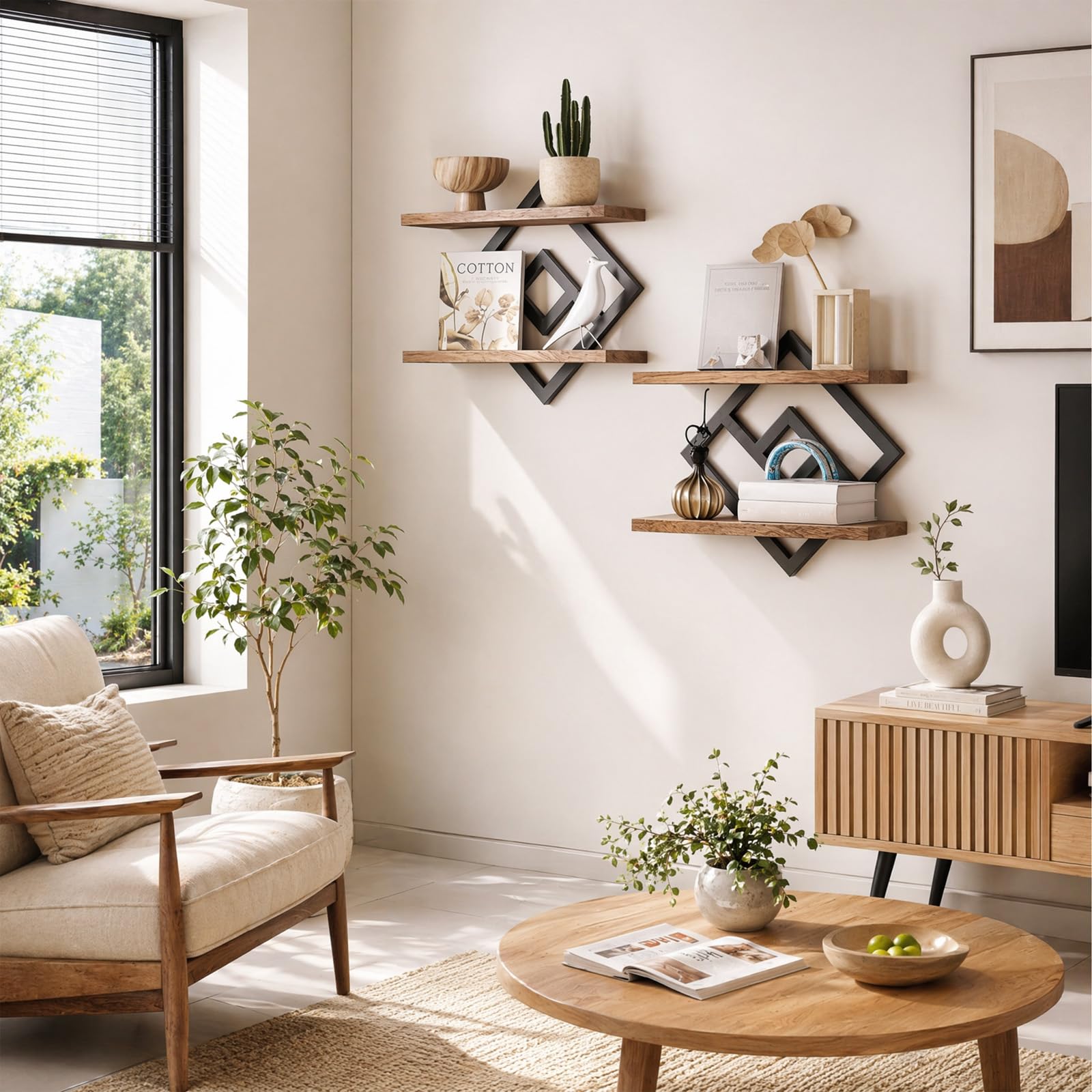 2er-Set Wandregal, Wandregal Holz, Regal Wand, Schweberegal Doppellagig, Leicht zu Verstauen für Wohnzimmer,Schlafzimmer,Küche