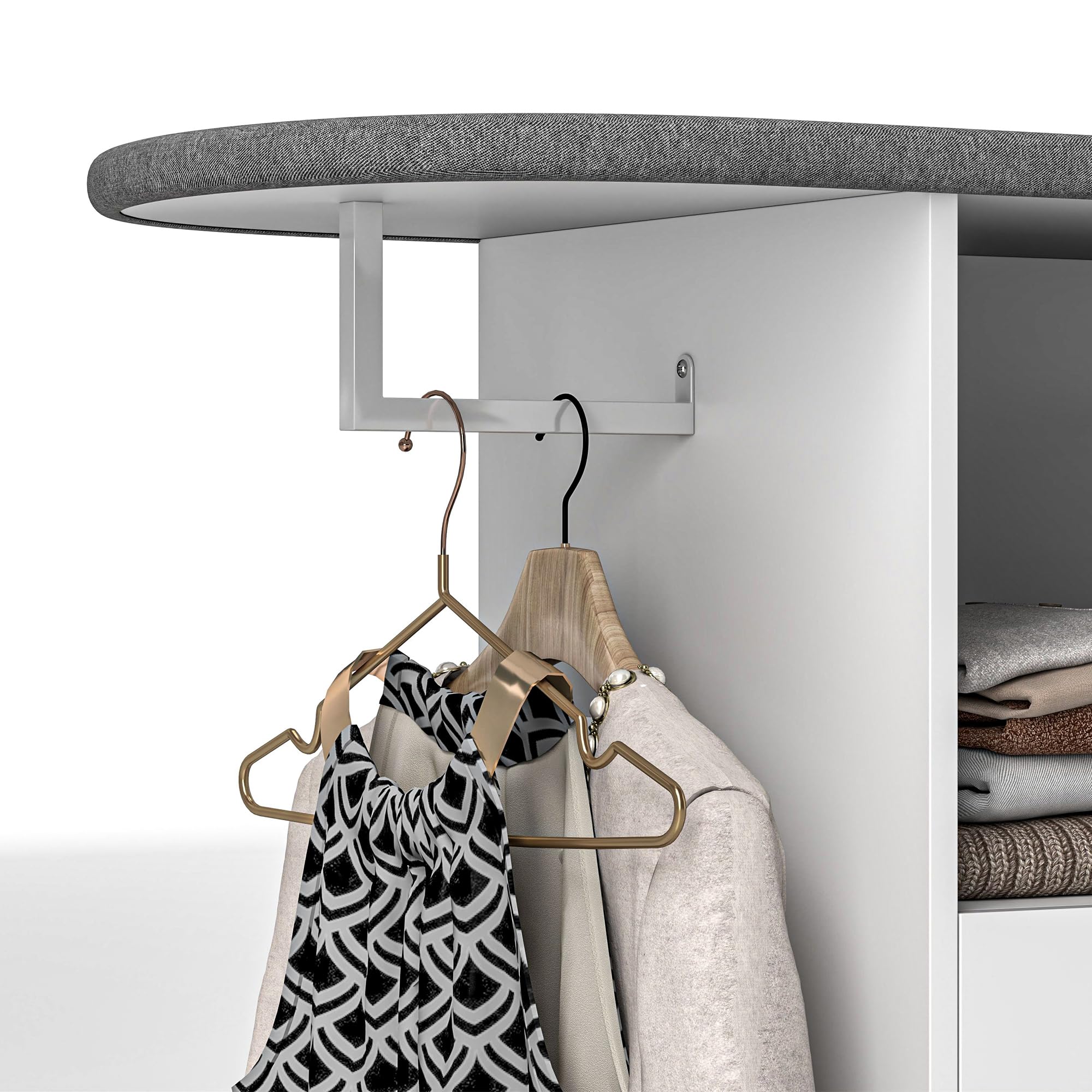 HOMCOM Armoire à repasser sur roulettes - Planche à repasser avec support de suspension - Tablette ouverte et planche à repasser - 125 x 43,5 x 102,5 cm - Blanc