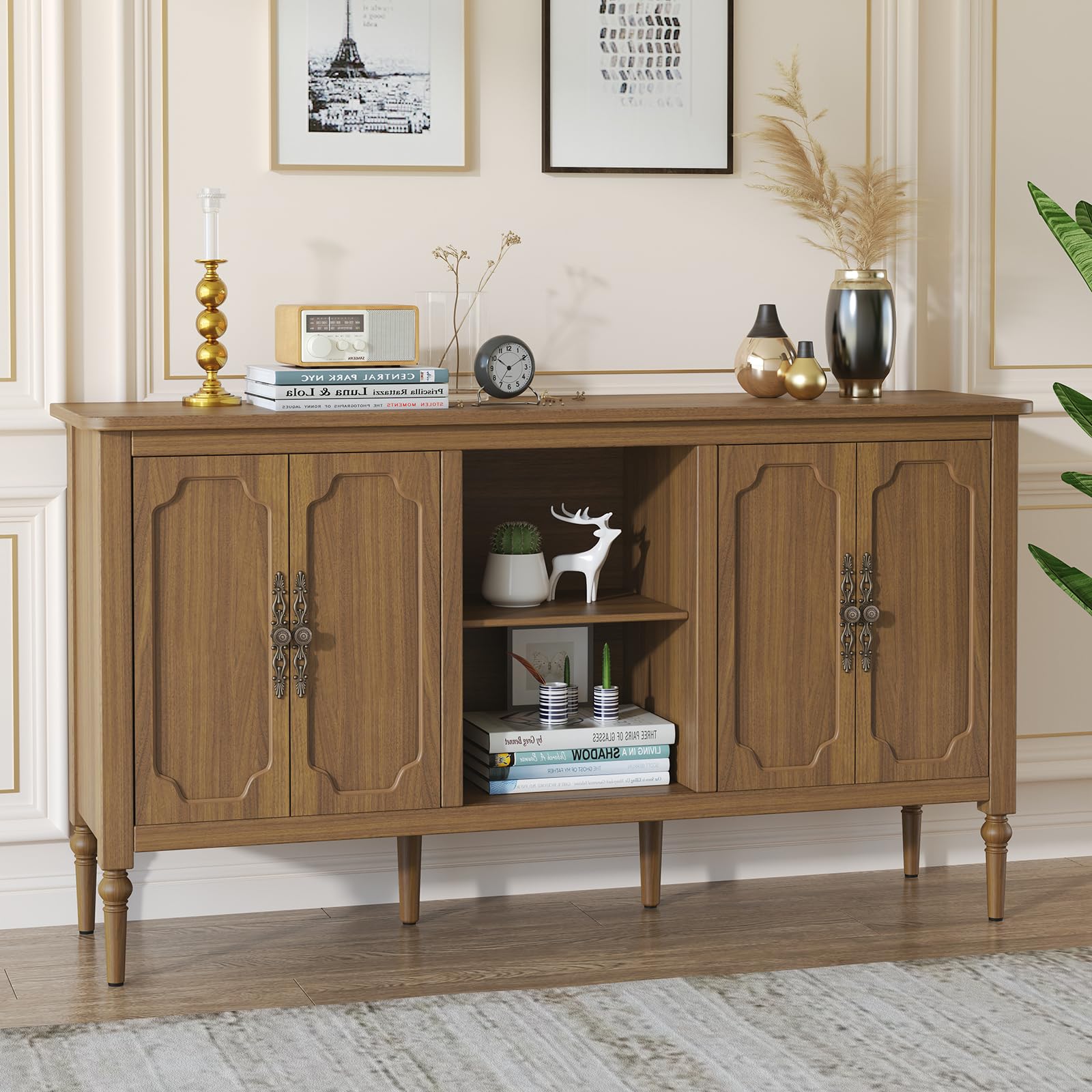 HOLTICO Kommode mit 4 Türen und Offenes Schrank, Vintage Akzent Sideboard Buffet Schrank Holz, Braun Kommoden & Sideboards für Wohnzimmer, Esszimmer, Küche