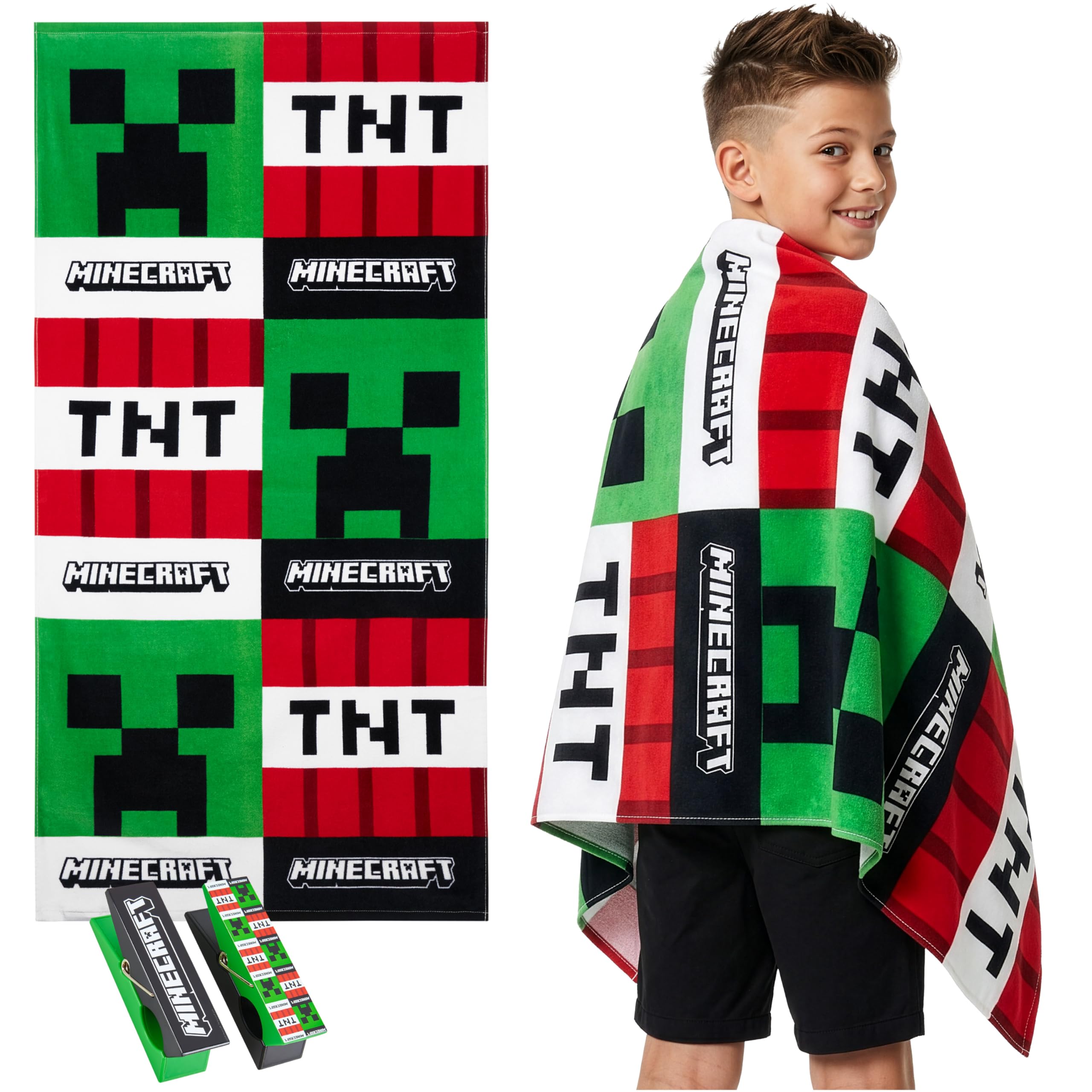 Minecraft Handtuch Kinder Teens 70x140cm mit 2 Clips Strandtuch Creeper TNT 100% Strandtücher Baumwolle Schnelltrocknend Duschtuch für Pool Urlaub