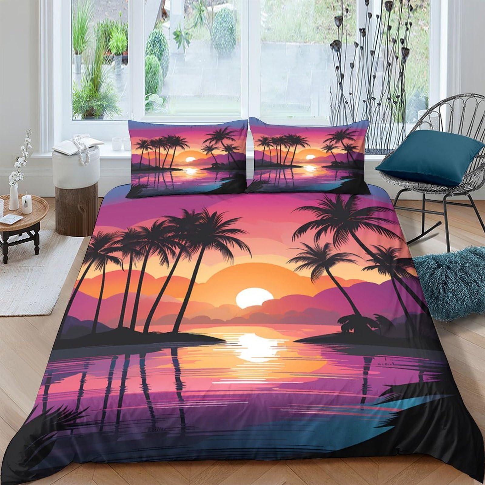Ctjqhvkz Style-7 3D Printed Sunset Beach Fitted Sheet Microfiber Soft Breathable Palm Silhouette Mattress Cover For Bedroom Decor Single（135X200cm）