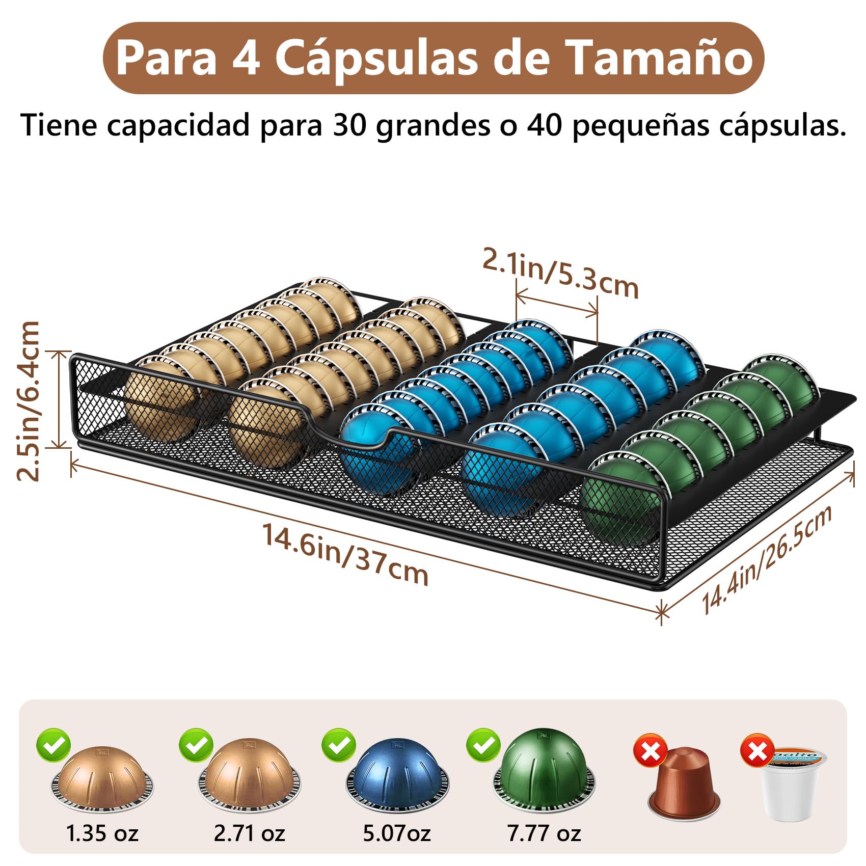 Organizador de jarabe de café, estante de jarabe de 3 niveles para 8 botellas con cajón para cápsulas Nespresso, capacidad para hasta 30 cápsulas grandes o 40 pequeñas, organizador de barra de café de