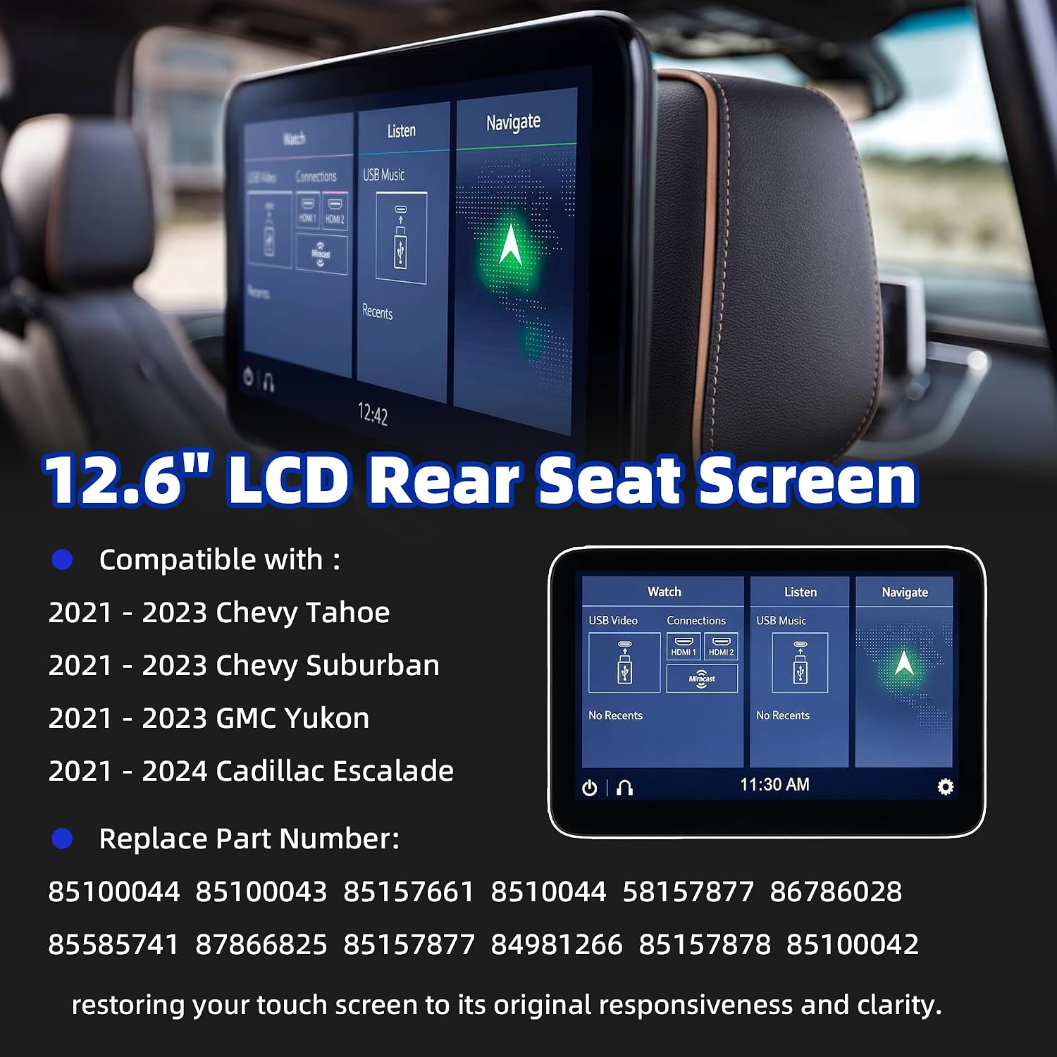 12.6" LCD Display Headrest Back Seat Monitor Entertainment Screen Compatible with 2021-2024 GMC Yukon Chevy Tahoe Suburban Cadillac Escalade Replaces 85100043