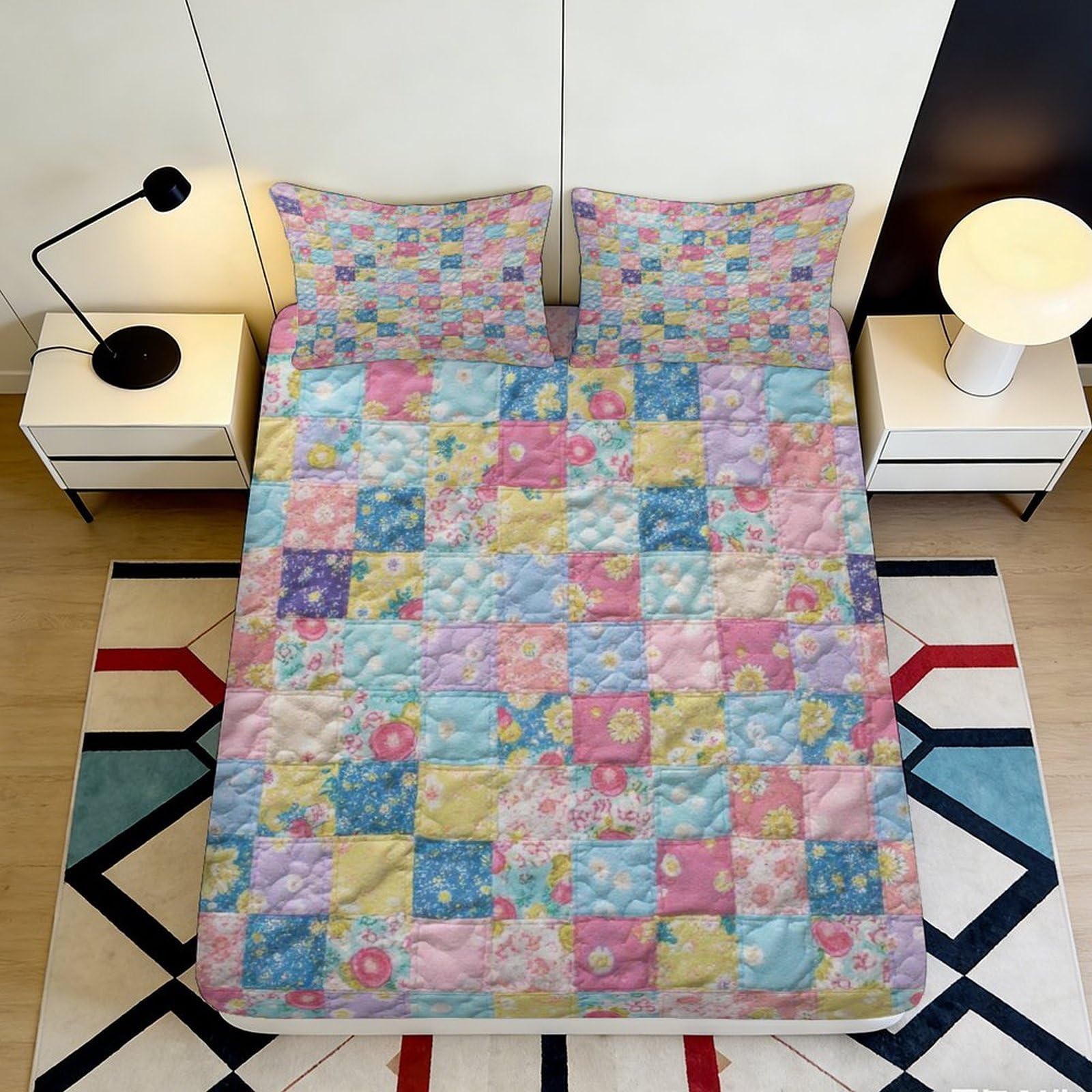 3D Printed Pastel Patchwork Flowers Fitted Sheet Microfiber Soft Mattress Cover for Bedroom Dorm Decor, Anti-Slip, Machine Washable, Dust Protection, Multi-Scene Use 120x200x25cm